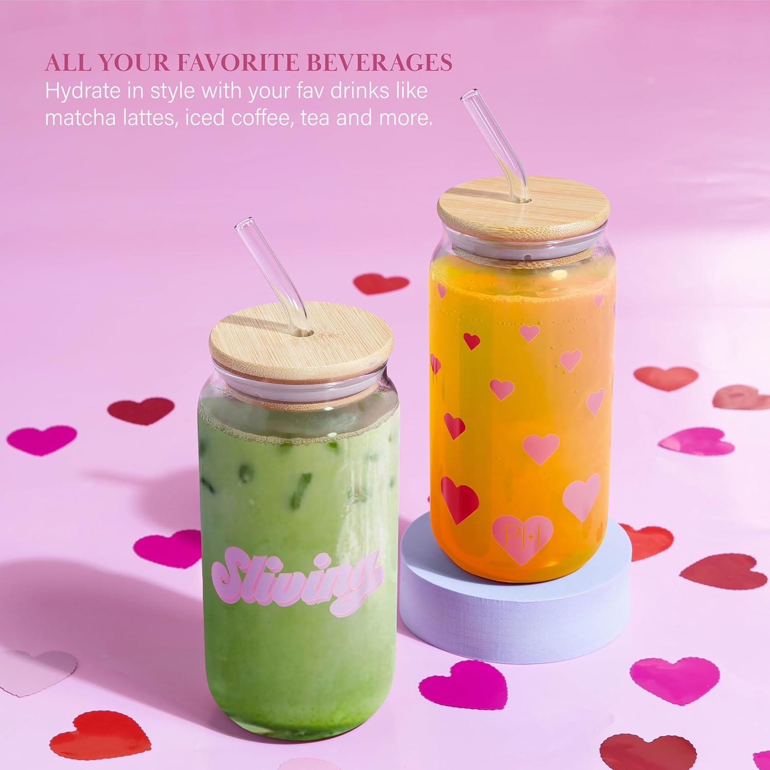 Paris Hilton Glass Tumblers Set with Iconic Decals, Includes Bamboo Lids, Reusable Glass Straws and Cleaning Brushes, Perfect for Iced Coffee, Water, and Cocktails, 2-Piece Set, 17-Ounce
