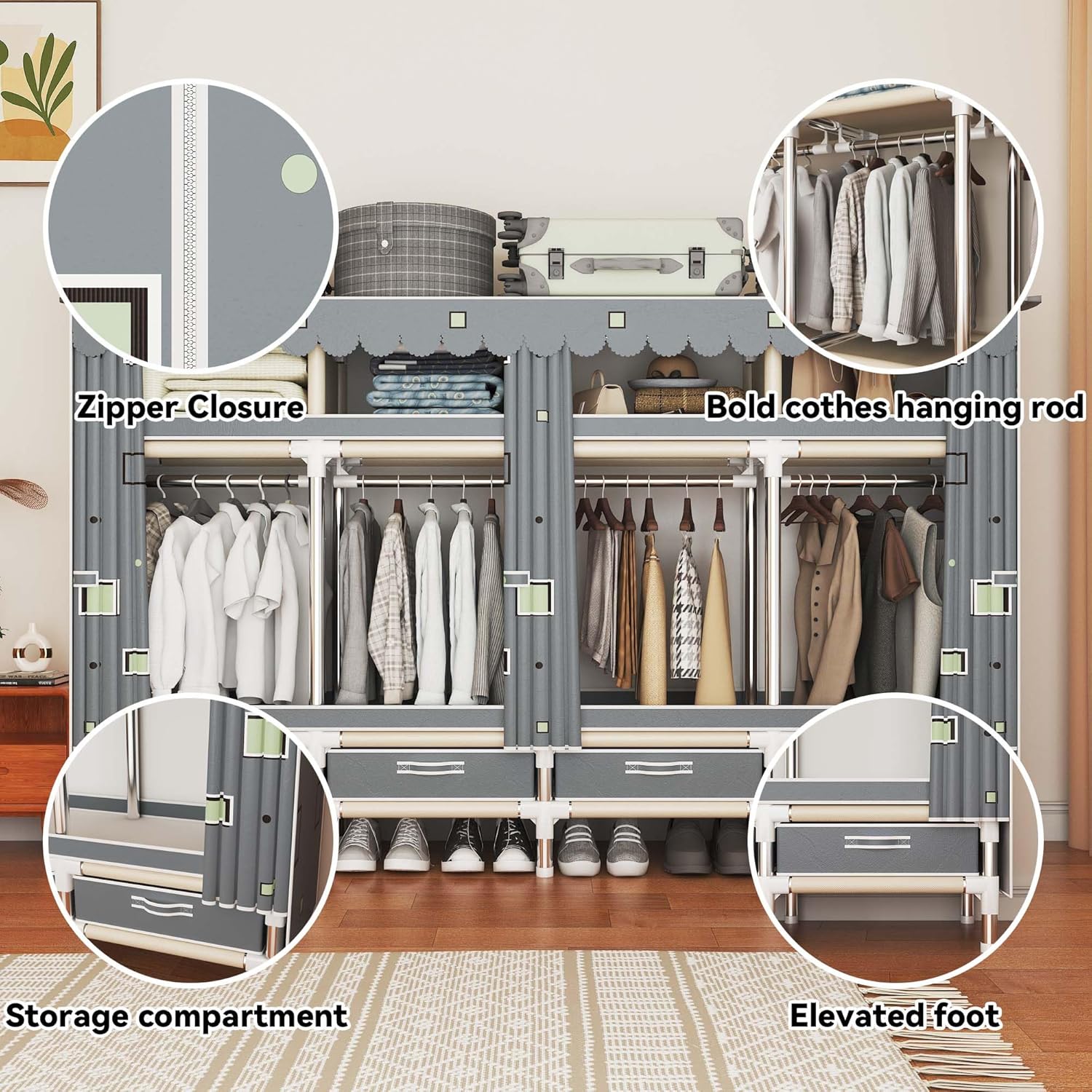 Portable Closet Wardrobe 64 Inch Freestanding Closet for Hanging Clothes Metal Wardrobe Closet Organizer Easy Assembly Stronger Load-Bearing Detachable Design Grey (Grey-D)