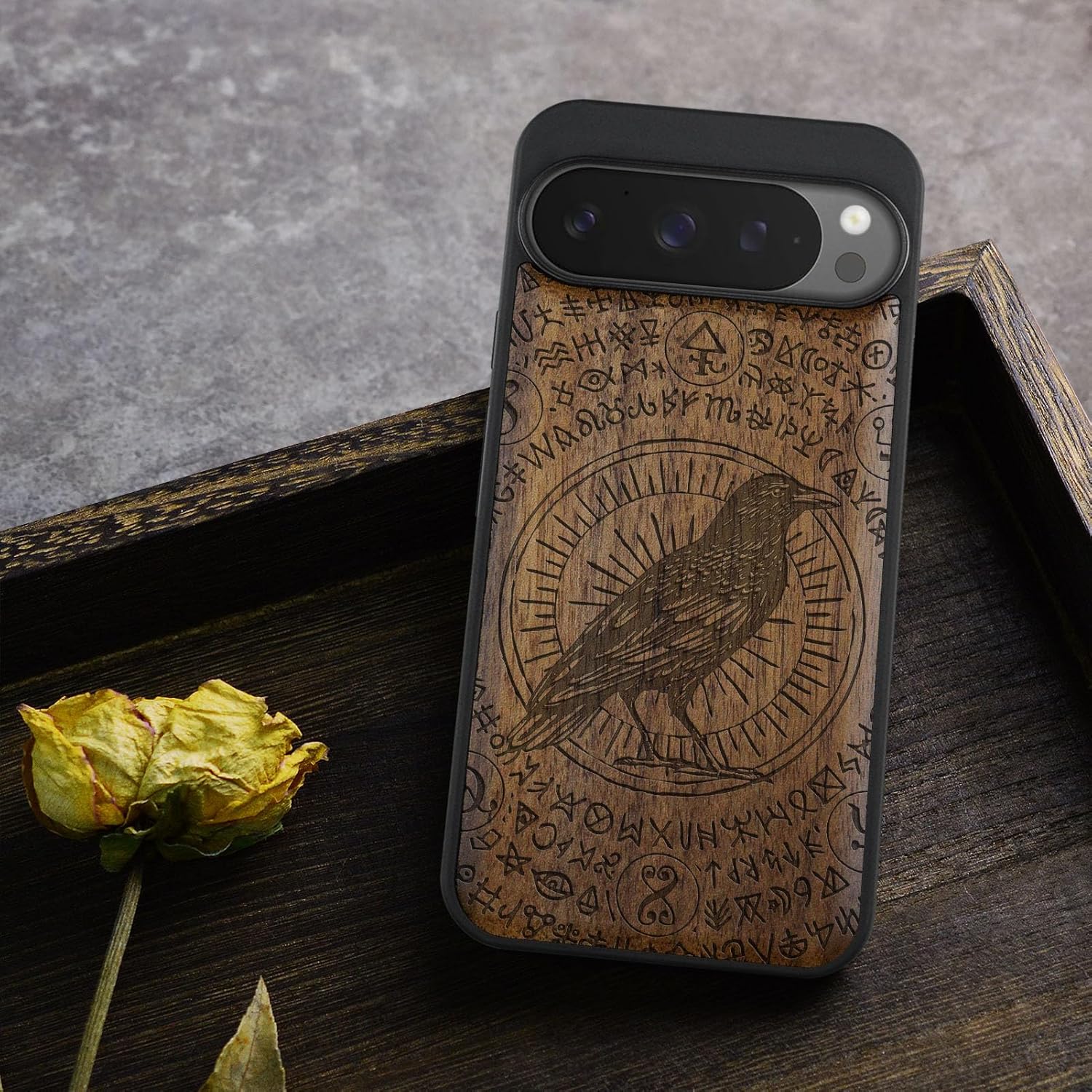 Carveit Magnetic Wooden Case for Pixel 9 Pro Google 9 Pro Case, Wood Artisan Engraved & Soft TPU Shockproof Cover, Compatible with MagSafe Wireless Chargers (The Haloed Crow) Walnut