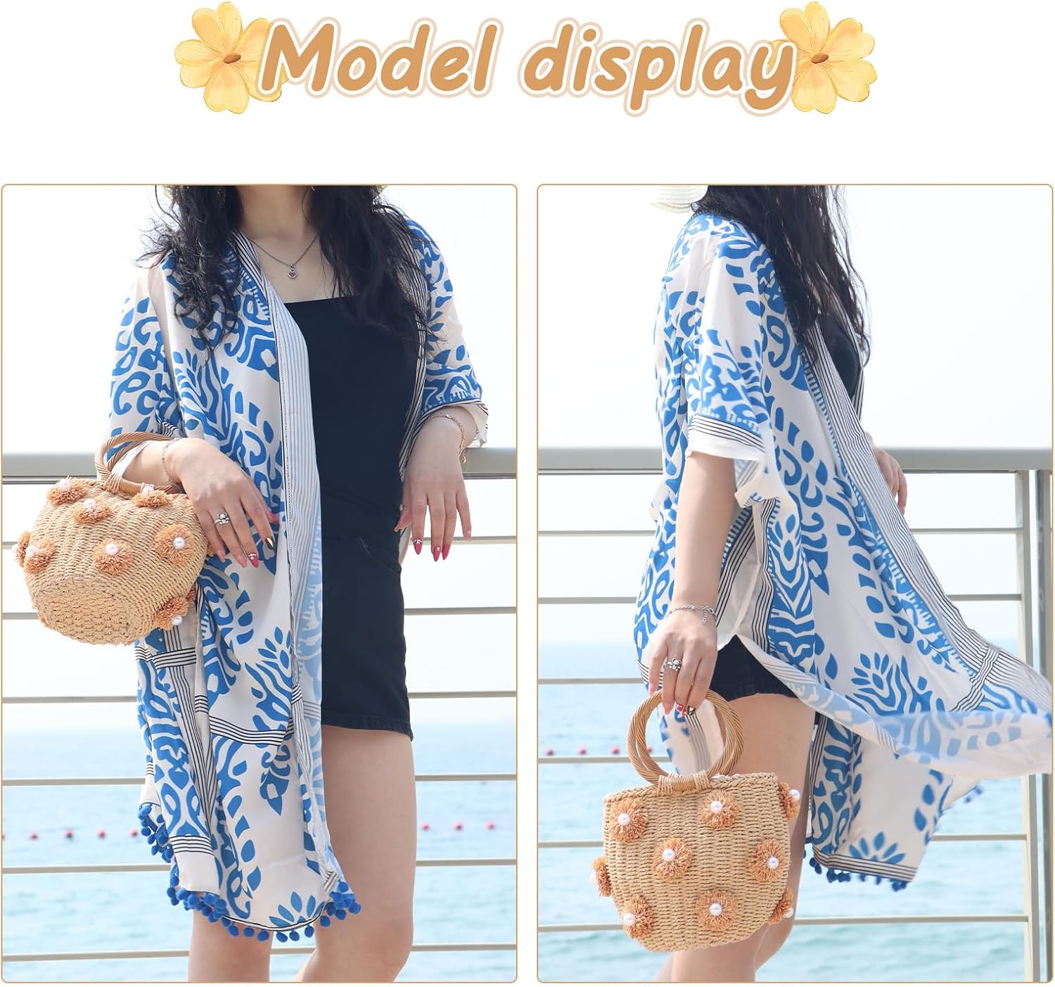 Fecialy Flower Pearls Rattan Tote Bag Straw Bags for Women Drawstring Straw Bucket Bag Summer Beach Woven Handbag