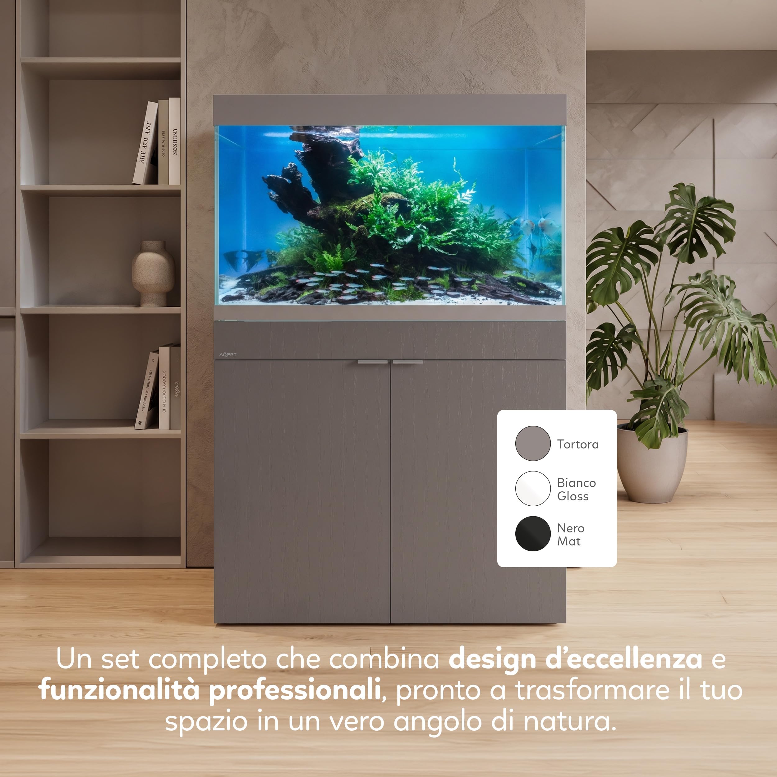 AQPET RIVERIUM Acquario Completo 240L con Mobile in Legno, Vetro Extrachiaro 10 mm, Filtro Esterno HALO 300, LED RGB BRIGHT 900R, Riscaldatore 200W, Acqua Dolce e Marina (Bianco)