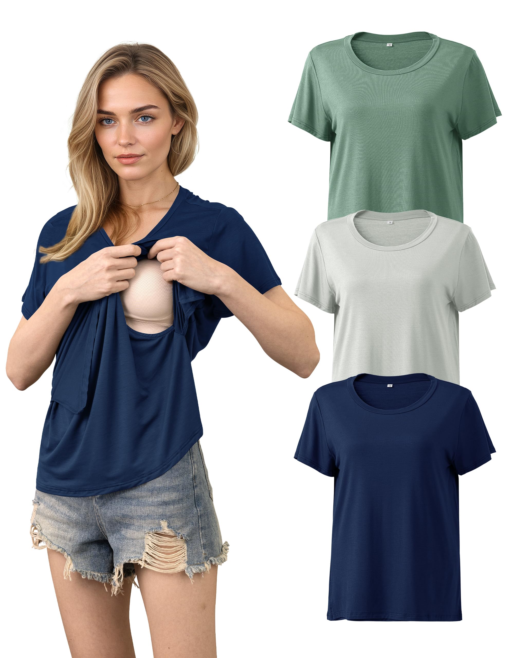 SUNNYBUY Lot de 3 t-shirts d'allaitement à manches courtes pour femme - Mode de maternité confortable pour la grossesse et l'allaitement