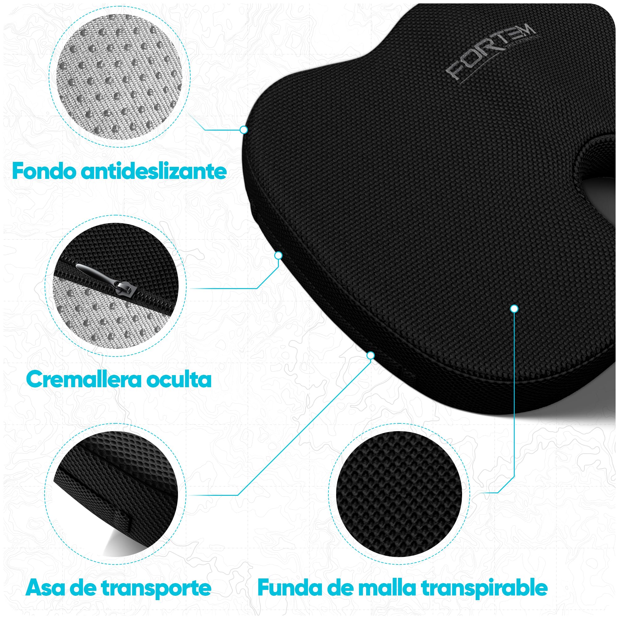 FORTEM Pack Cojín Silla Oficina y Almohada Lumbar - Cojín para Silla Ordenador en Forma De U y Almohada Lumbar con Espuma Viscoelástica para Asiento Coche, Gaming, Trabajo - Fundas Lavables