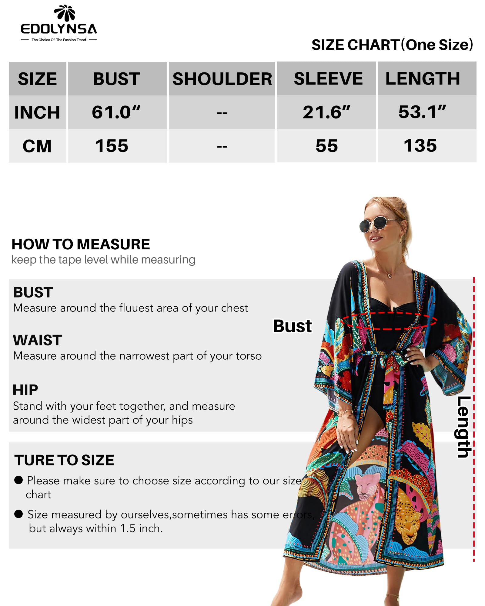 EDOLYNSA Bata Larga Tipo Kimono de Playa para Mujer con Parte Delantera Abierta, Negro 4, Talla única