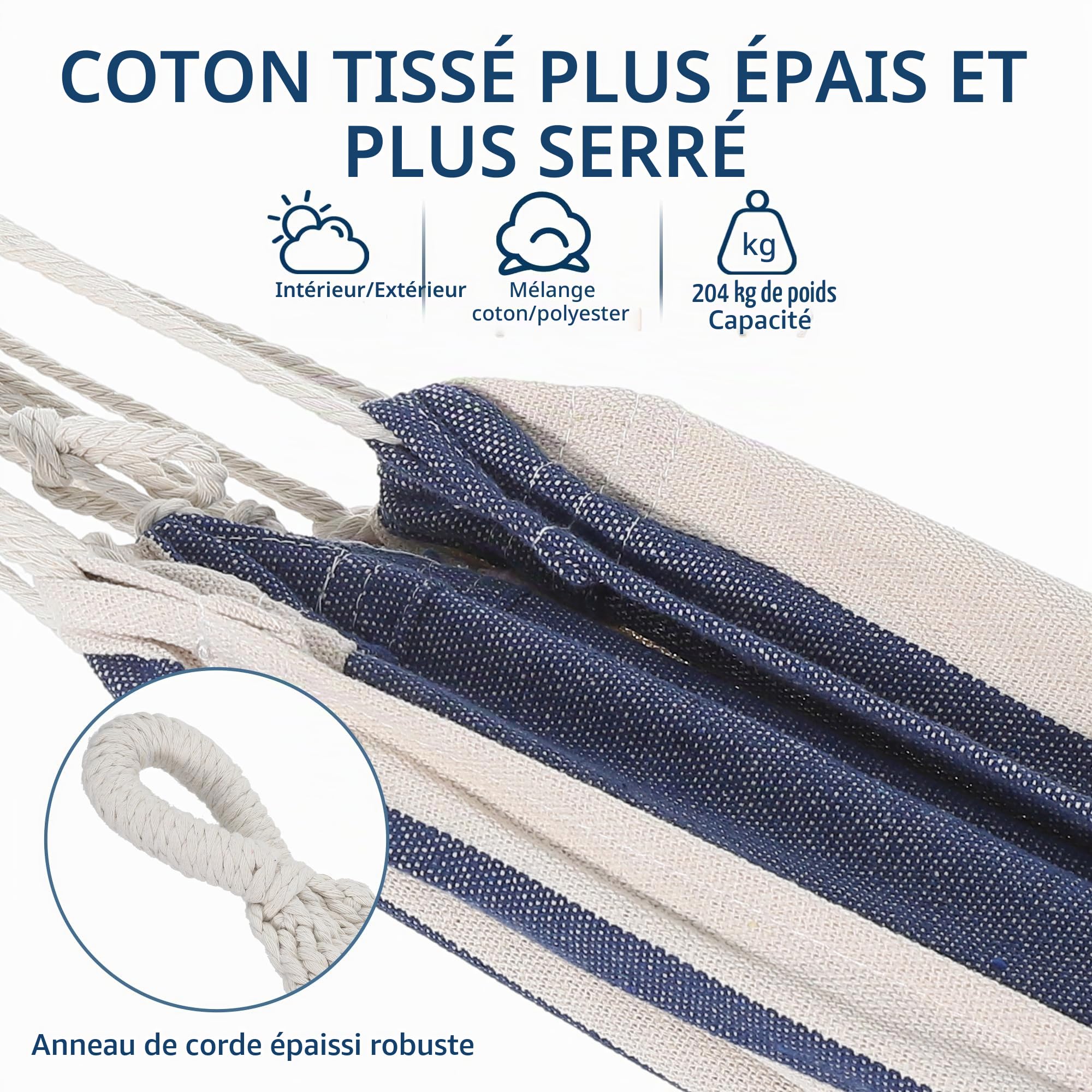 Garvee Hamac Double Robuste pour 2 Personnes avec Support en Acier – Lit brésilien en Coton – Capacité 450 LB – Portable avec Sac de Transport – Idéal Jardin, Camping, terrasse – Rayé Bleu et Blanc
