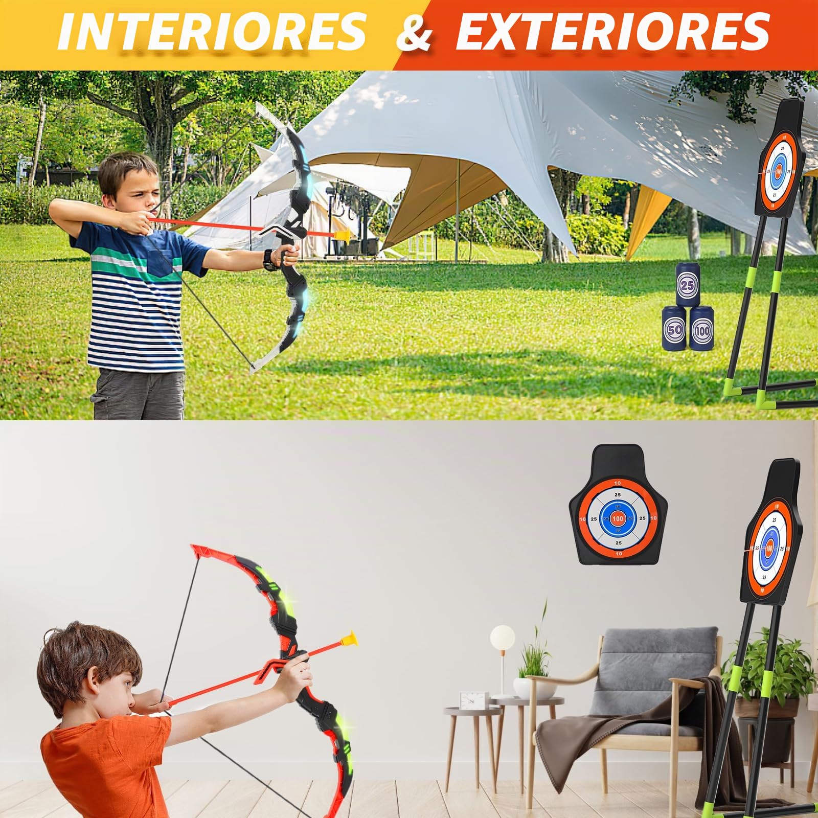 deAO Juego de 2 Arcos y Flechas con LED para Niños, 20 Flechas con Ventosas, Diana Móvil + 6 Objetivos, 2 Carcajes, Juguete de Tiro con Arco Interior y Exterior, Regalo Niñas Niños 3-12 Años