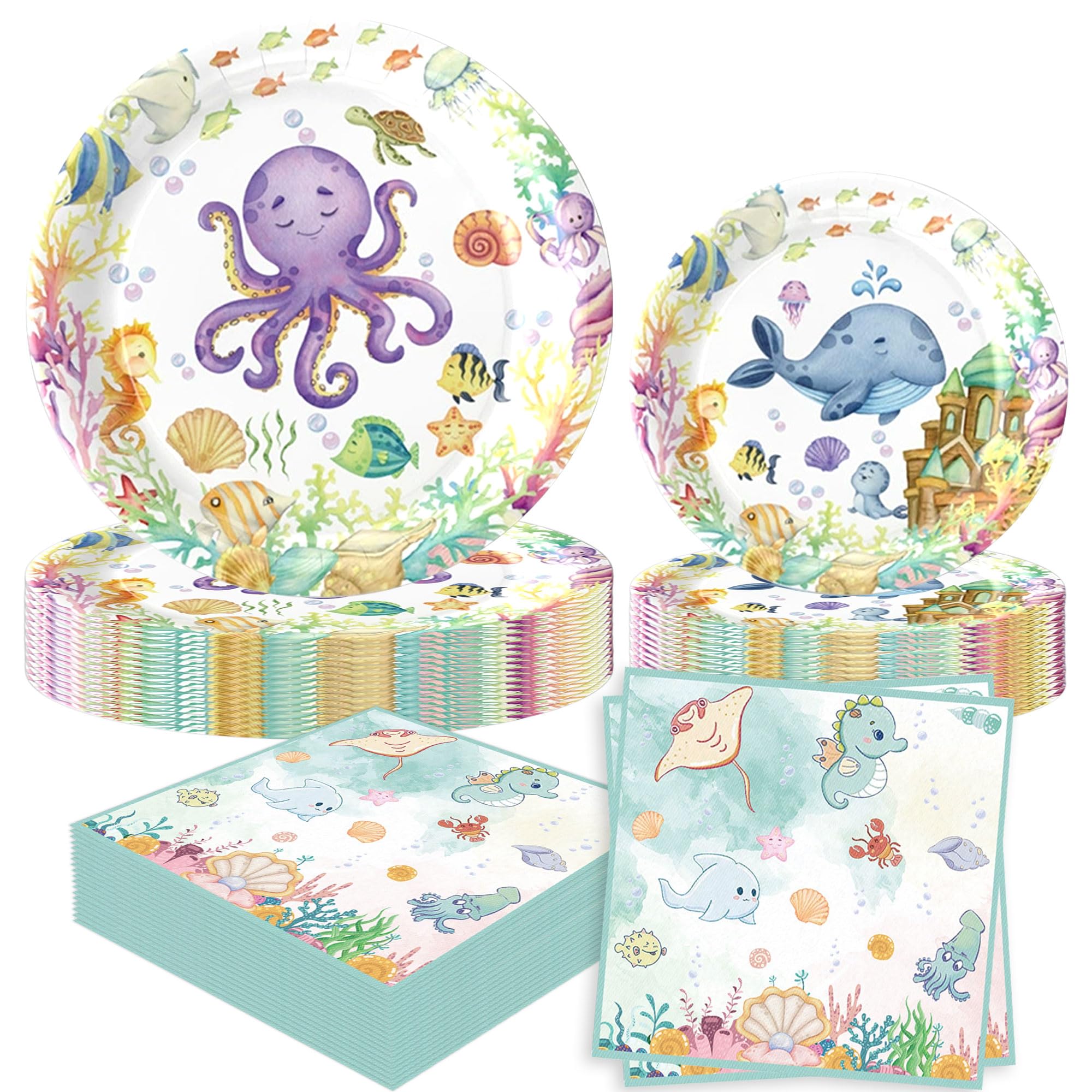 52 PCS Ocean Plates and Napkins Under the Sea Decorations for 16 Guests Sea Animal Underwater Beach Summer Birthday Party Supplies