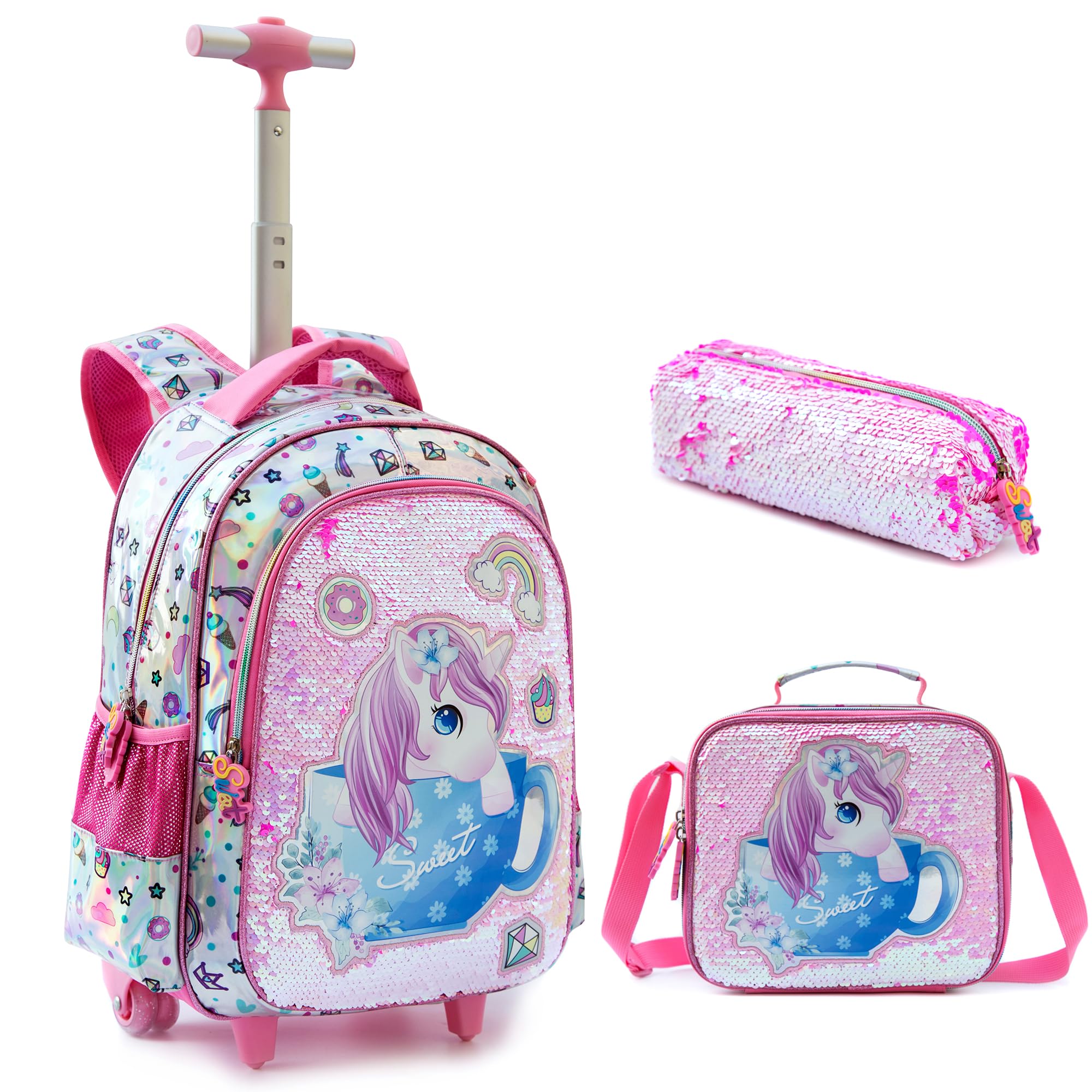MOHCORolling Backpack 18 inch for Kids Wheeled Backpack for Girls with Lunch Bag Pencil Case