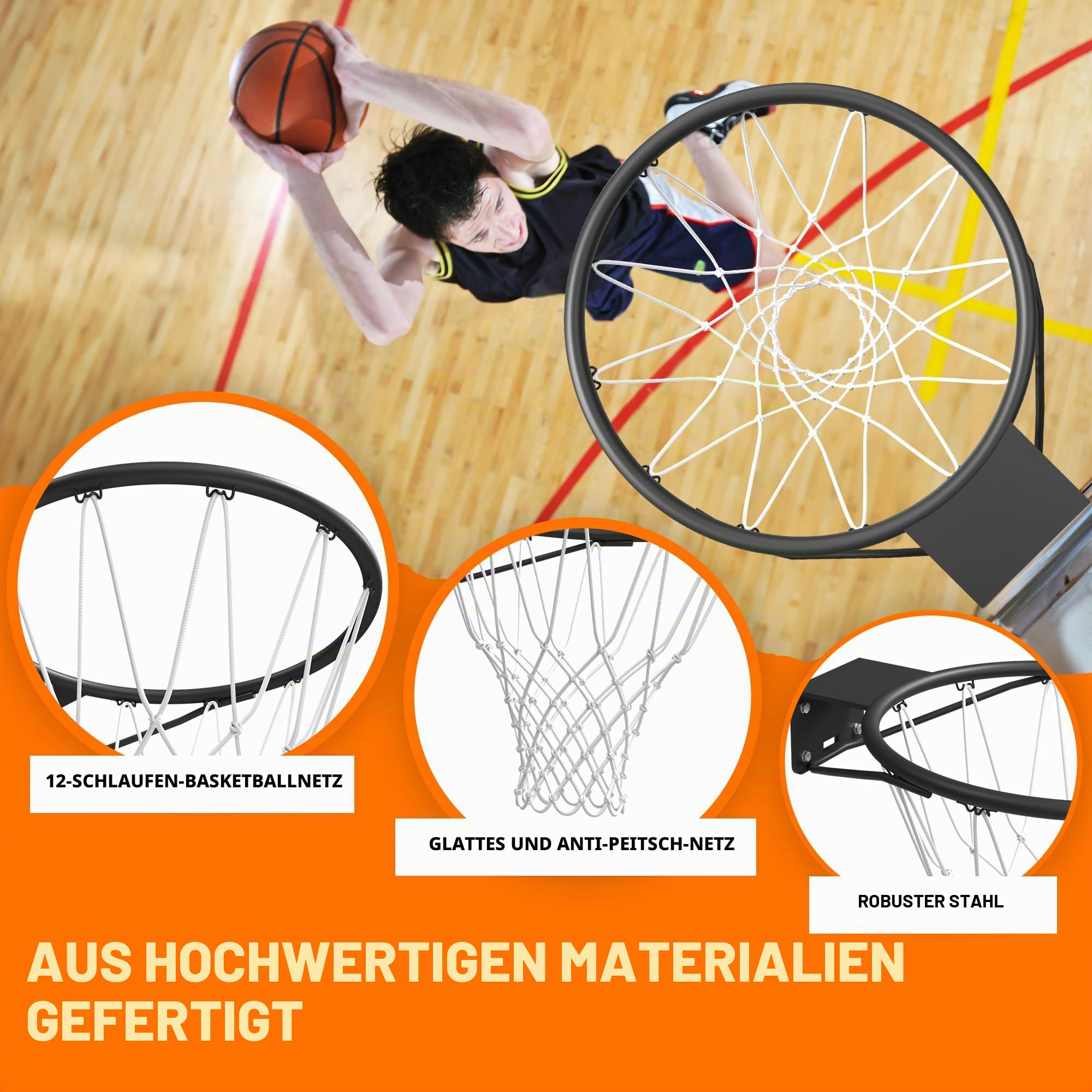 Bee Ball Basketballkorb, Offizielle Größe (45 cm), Basketballring, Netz und Wandhalterung