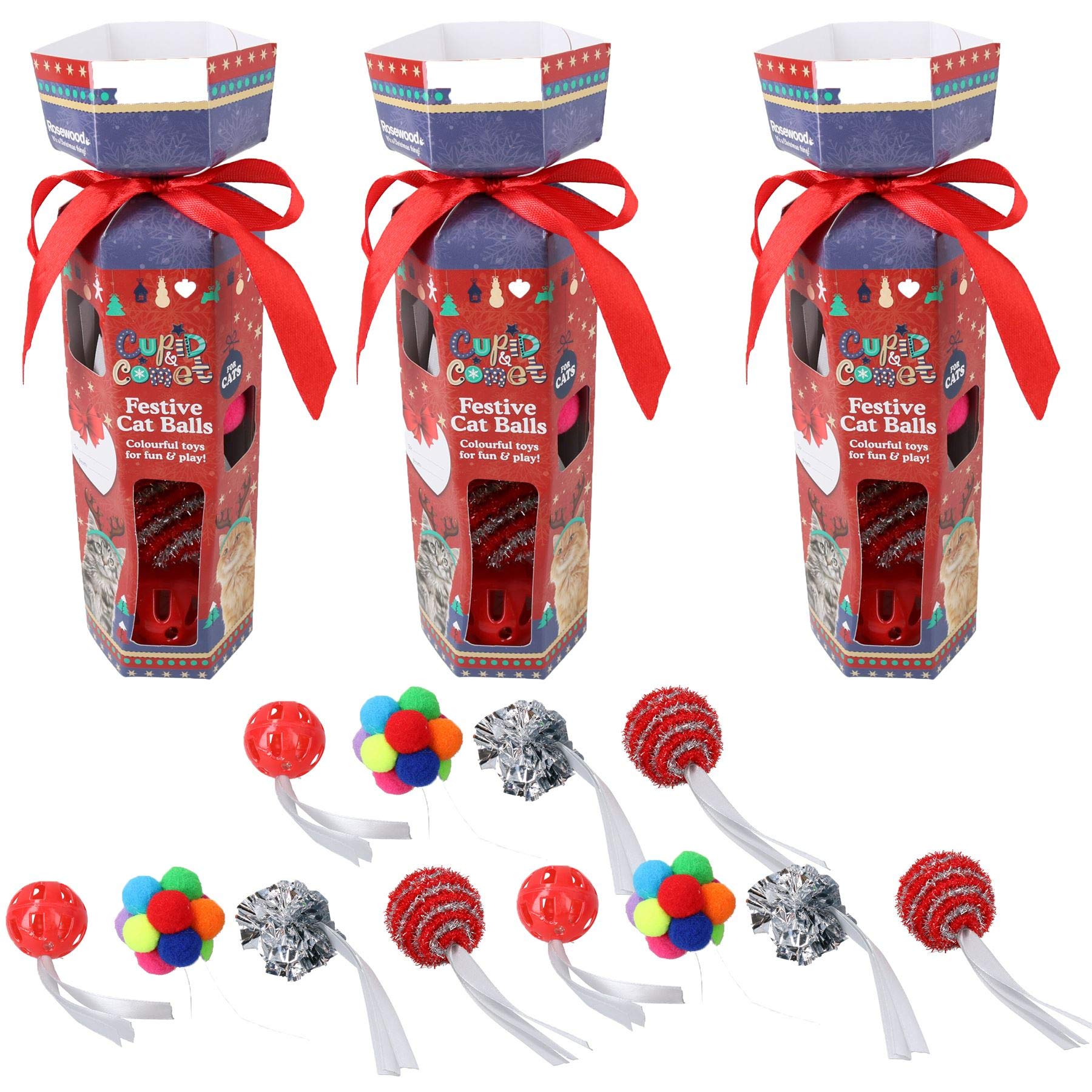 AB Tools Rosewood 3pk Cat Kitten Festive Christmas Cracker Gift Contains 4 Different Textured Balls