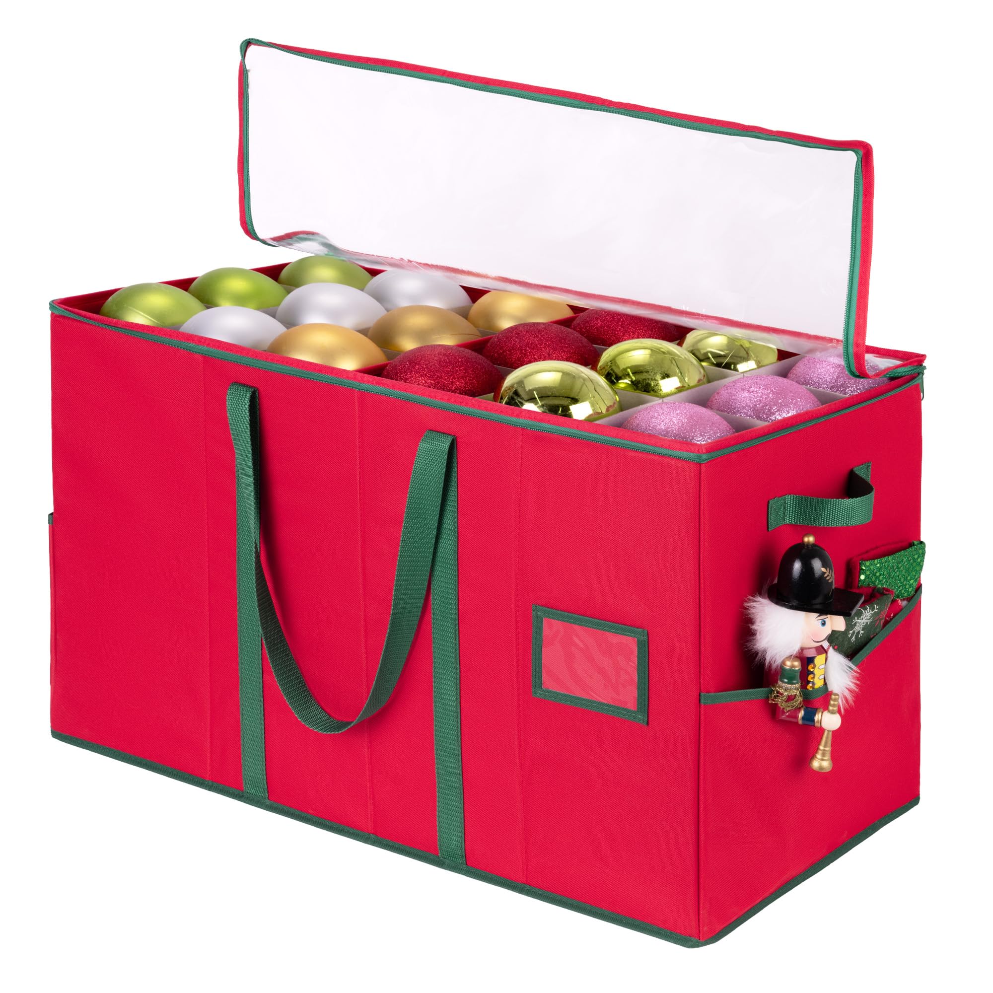 StorageWorks Christmas Ornament Storage Box, Fits 72 Holiday Ornaments 4-Inch Organizing Containers, Xmas Decoration Organizer with Adjustable Dividers, Red