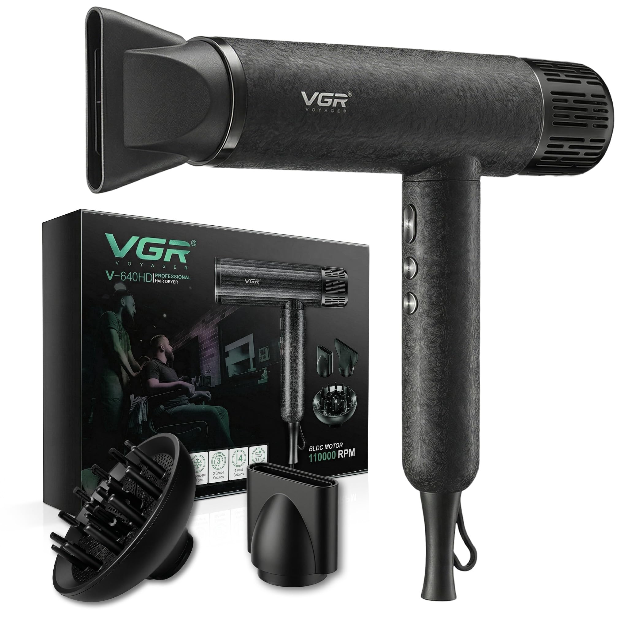 VGR 640 HD Secador De Pelo Profesional Con Motor BLDC De 110000 RPM | Secado Rápido, Secador Pelo Ionico Con Tres Accesorios De Peinado Magnéticos, Hair Dryer Con Filtro Trasero Desmontable