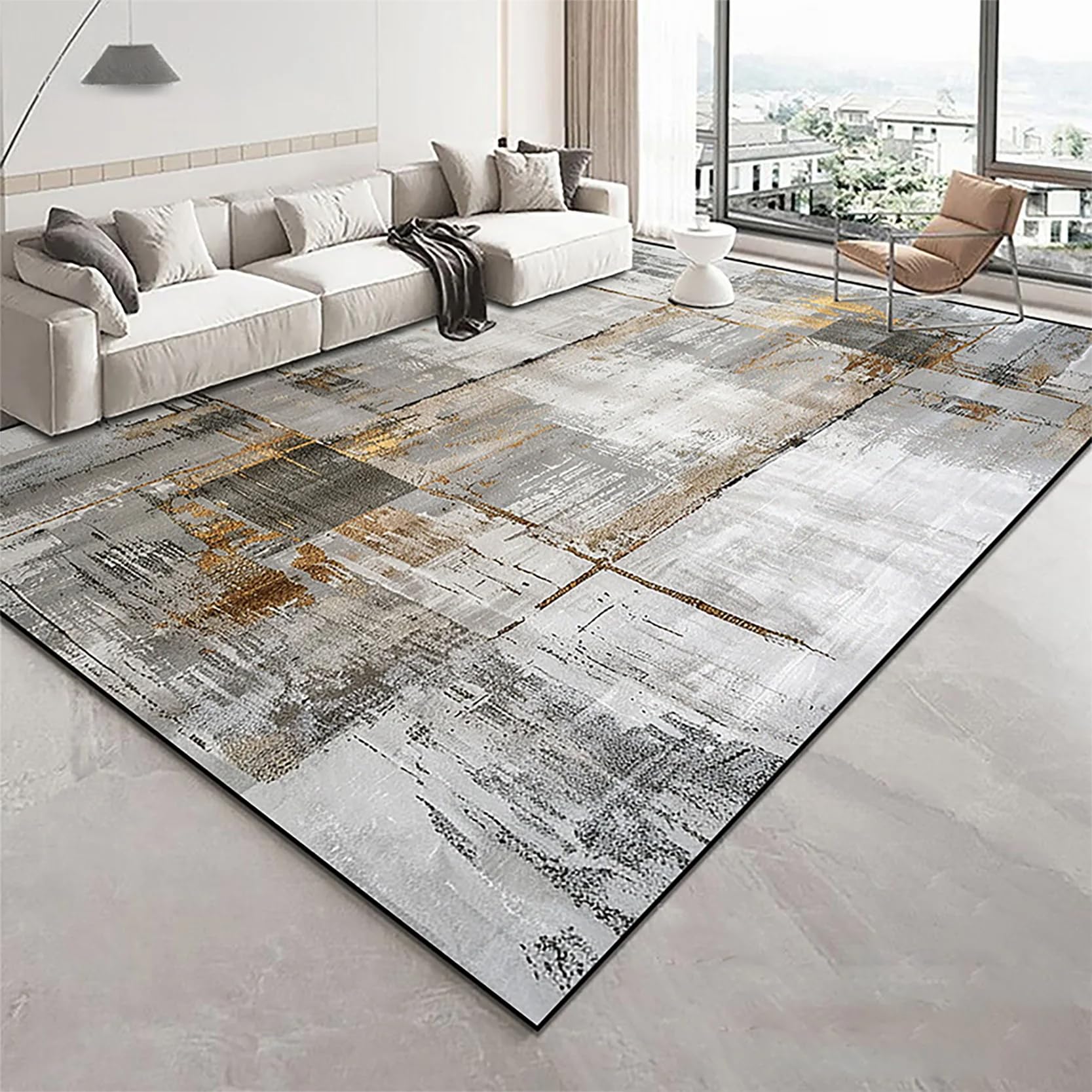 Tapis géométrique doré pour salon grand format 200 x 300 cm tapis flanelle