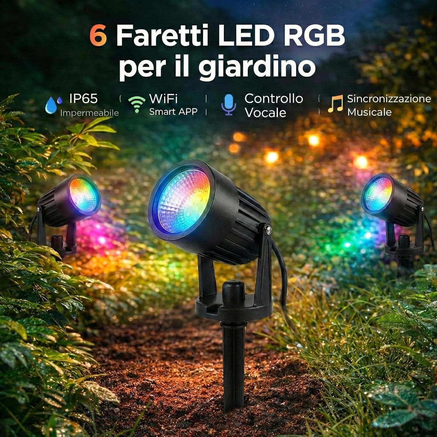 6 Faretti RGB da giardino Smart WiFi, Luci da Giardino IP67 Impermeabili, 16 Milioni di Colori e Dimmerabili, Compatibili con Alexa e Google Home, Controllo completo tramite App