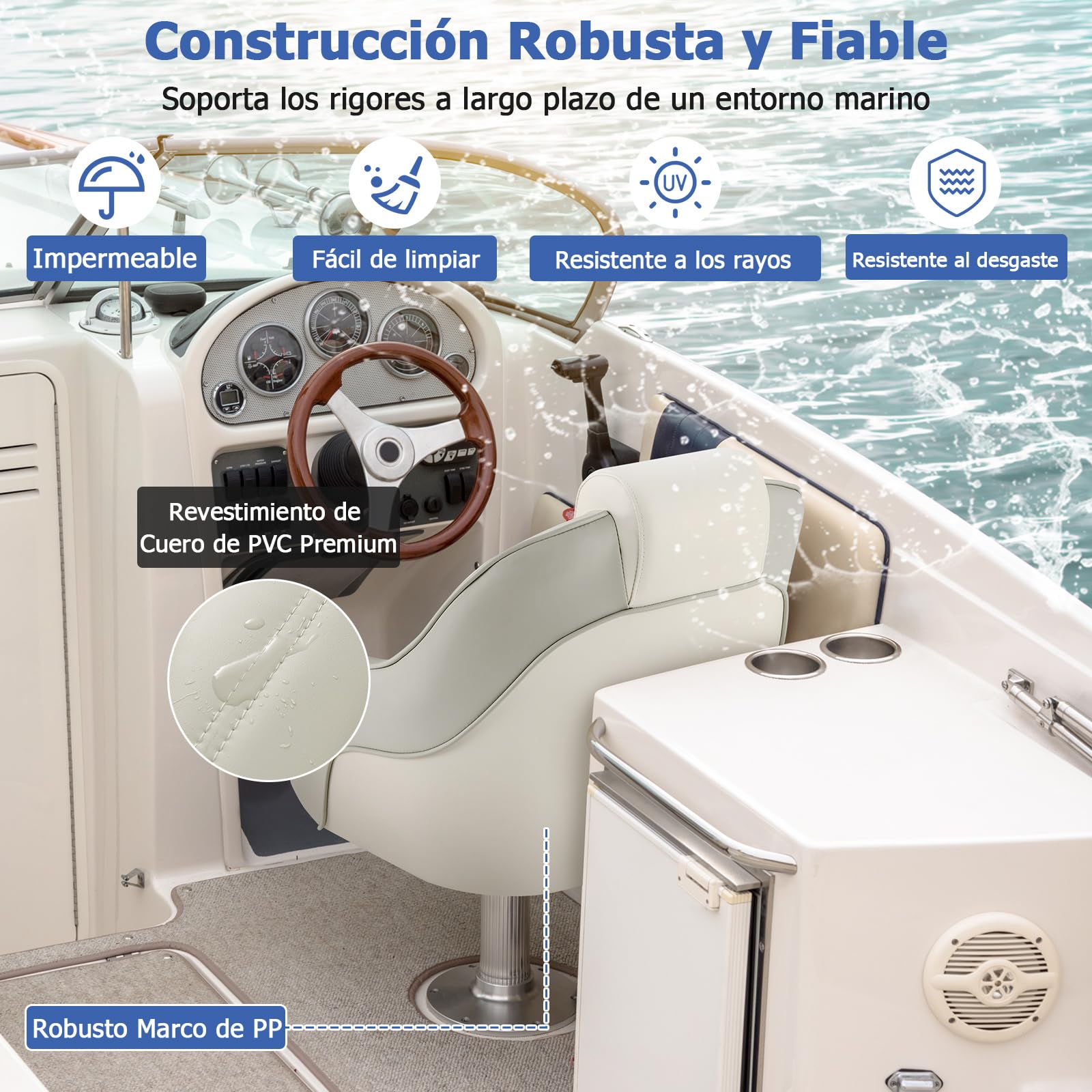 COSTWAY Asiento para Capitán, Asiento para Barco Pontón con Cuero de PVC Impermeable, Acolchado de Esponja Gruesa, Respaldo Alto de 42,5 Cm, Reposabrazos Curvo, Pernos