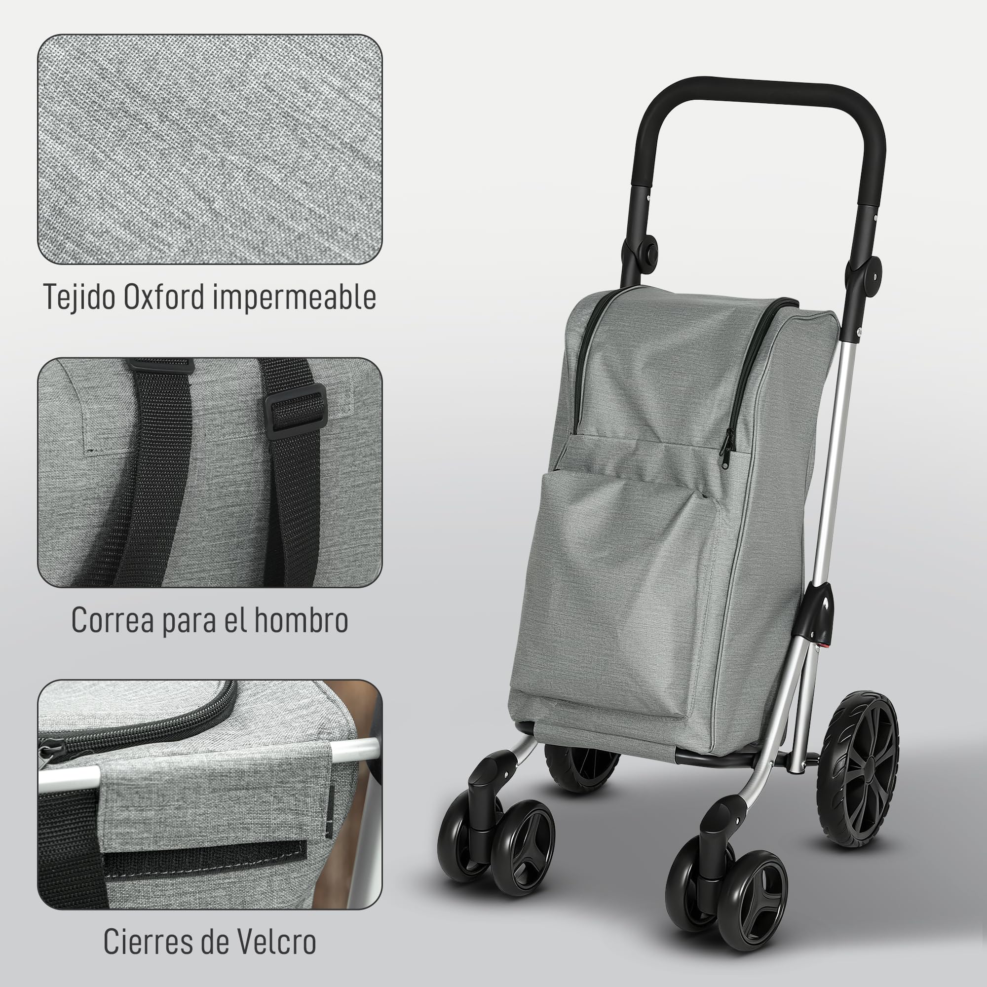 HOMCOM Carrito de Compra de 46L de Aluminio con Bolsa Térmica 3 en 1 Gris | Carro de la Compra, 6 Ruedas, Asa Regulable, para Supermercado, Plegable