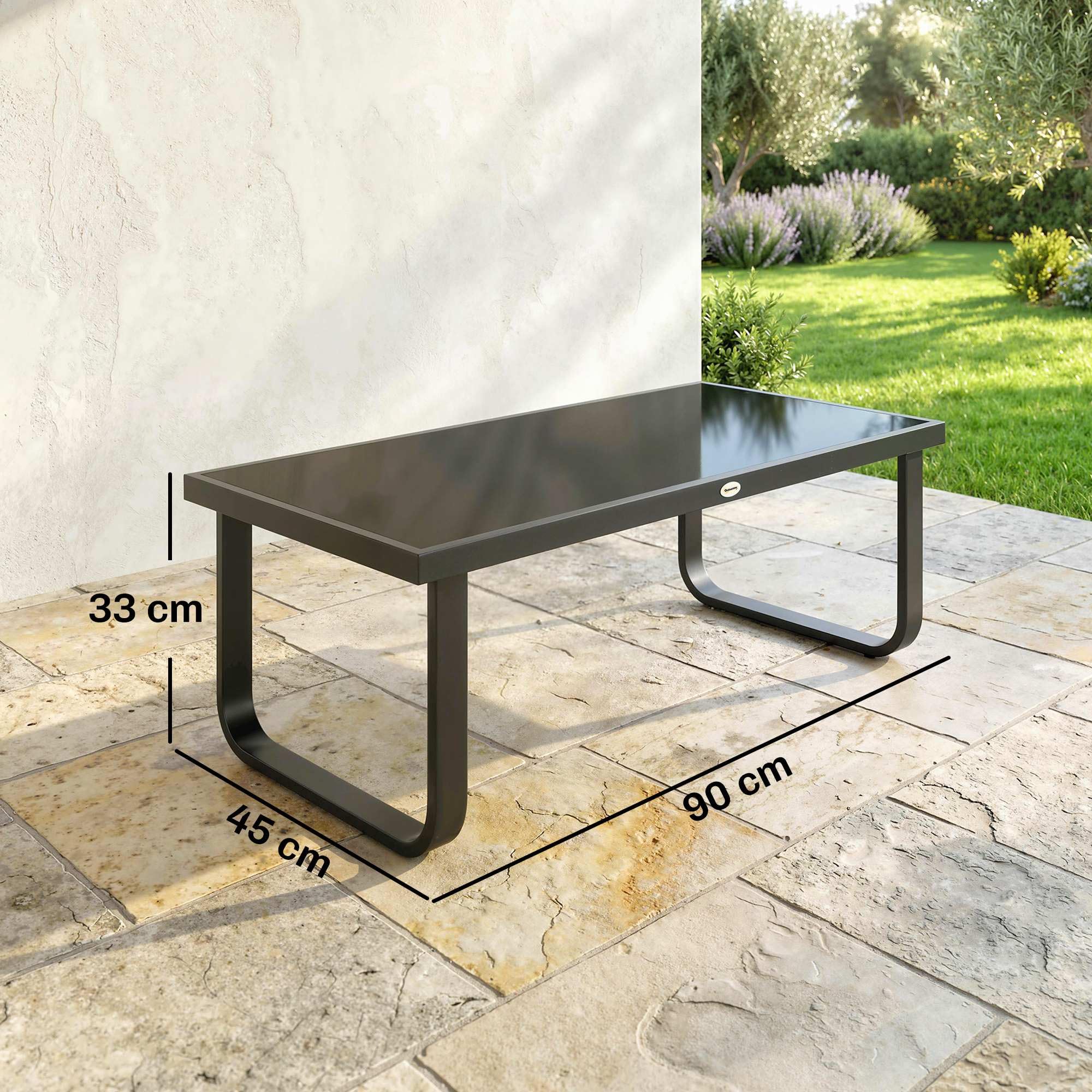 Outsunny Metal Garden Coffee Table, Outdoor Rectangle Side Table with Tempered Glass Tabletop and Adjustable Foot Pads for Terrace, Balcony, Patio, 90 x 45 x 33 cm, Black - 4