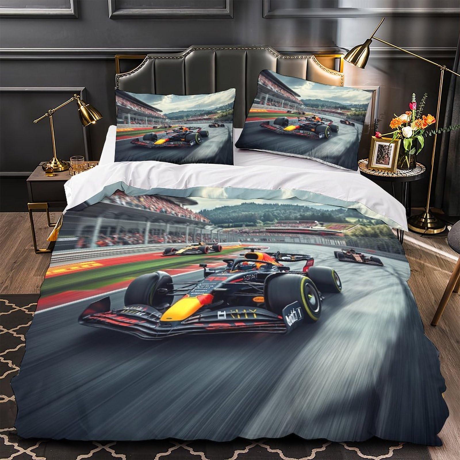 XiaopangXY Lovingly Formulaa Racing Comforter Cover Double（200x200cm）, Racing Car Duvet Cover with Pillowcases, Soft Microfiber Racing Car Quilt Cover for Boys & Girls