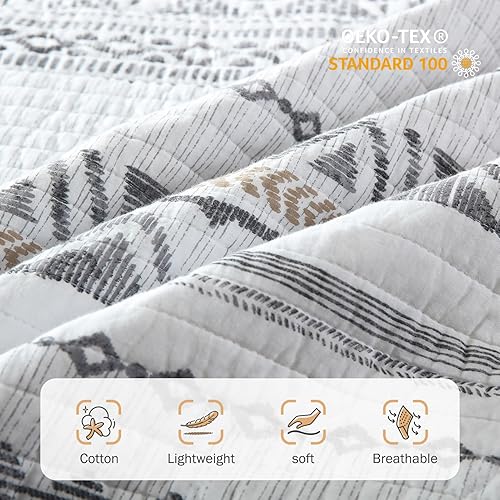 Vista 5 de Y-PLWOMEN Colcha tamaño Queen – Colcha reversible 100% algodón suave y ligera para todas las estaciones, diseño geométrico a rayas bohemias, 3 Blanco
