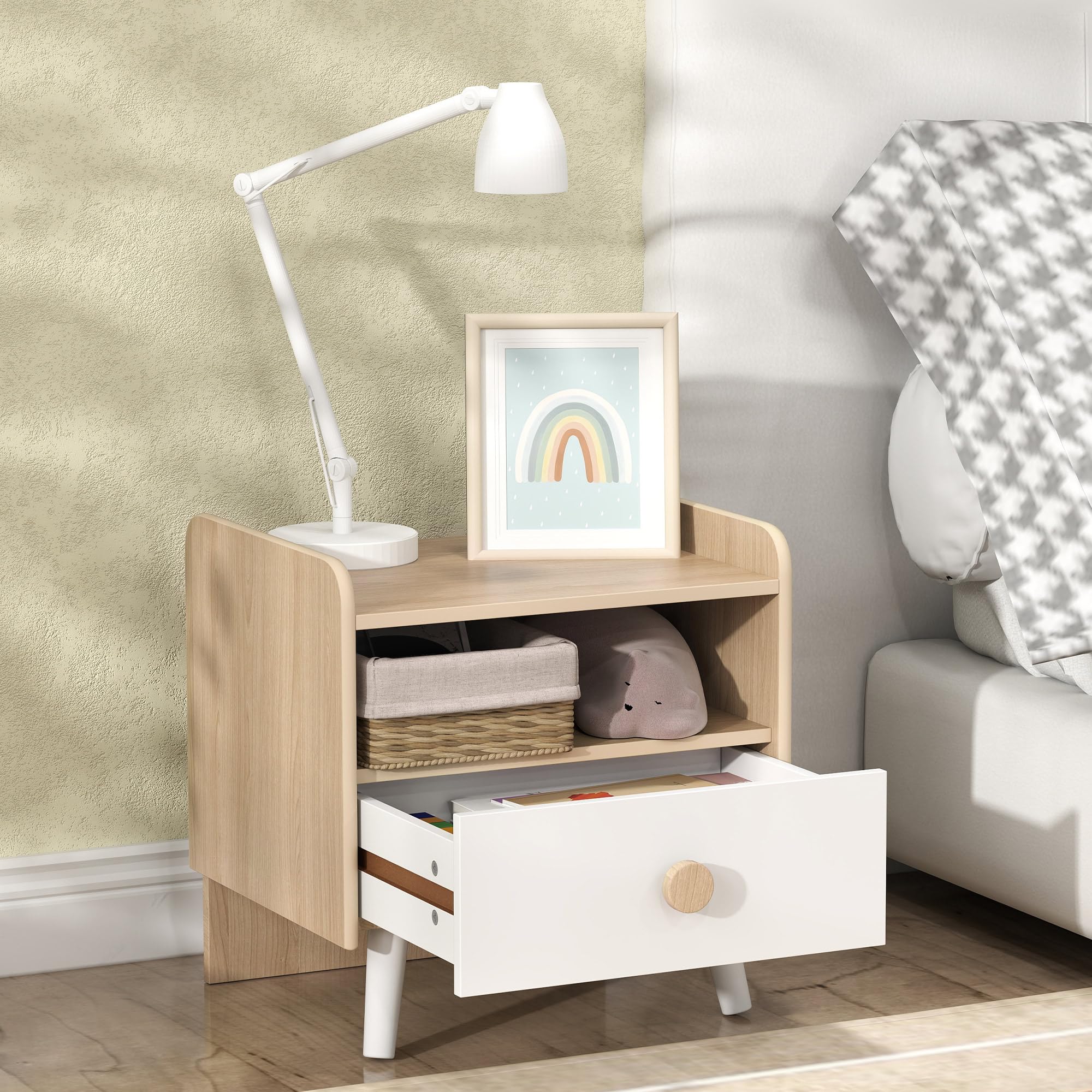 AIYAPLAY Comodino con Cassetto per Bambini 3-10 Anni dal Design Minimal, Comodino per Camera da Letto in MDF e Legno di Pino, 40x32.5x40 cm, Bianco e Legno Naturale