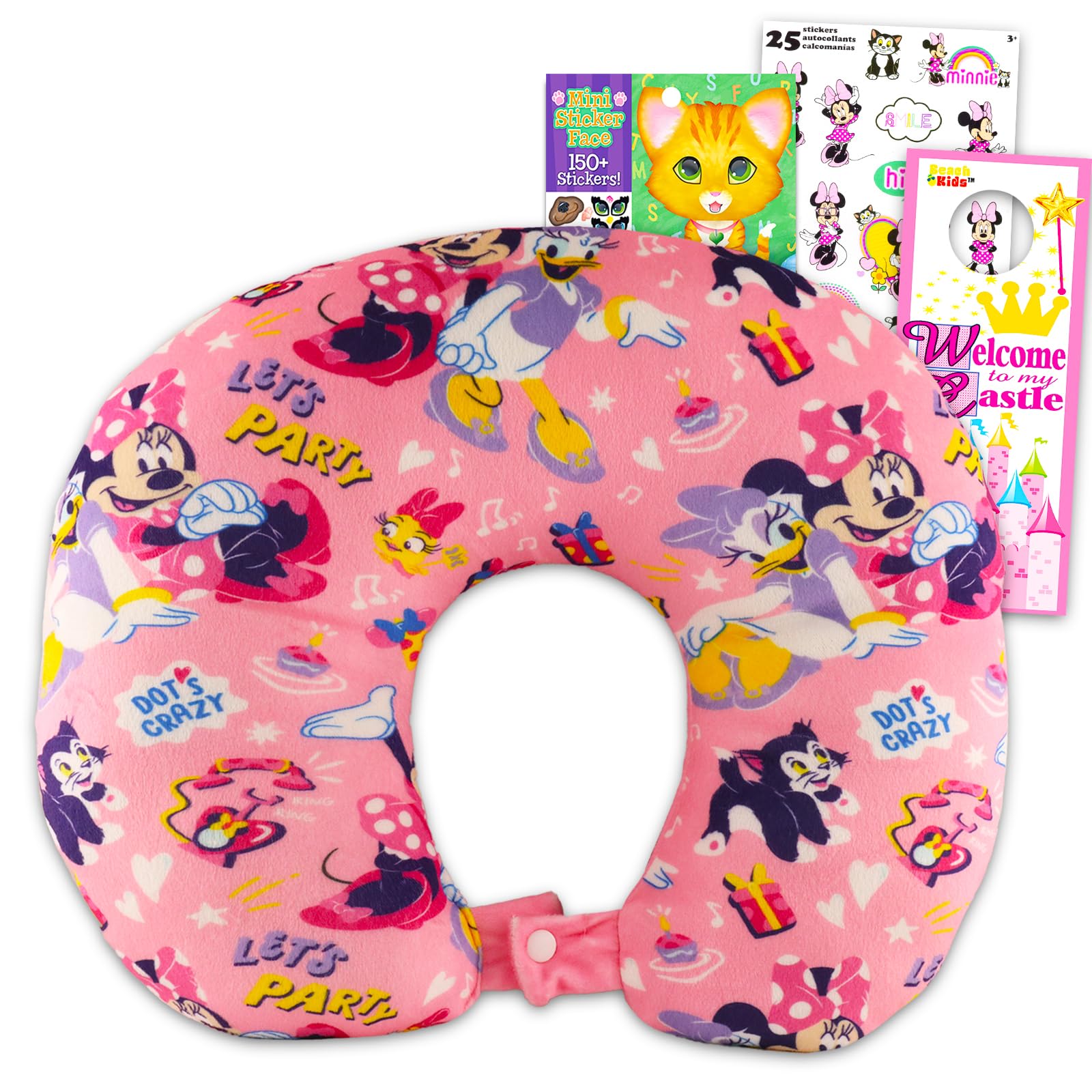 Minnie Mouse Travel Neck Pillow - Bundle with Minnie Neck Pillow for Airplane, Car, Office, More Plus Stickers | Minnie Mouse Travel Accessories Set