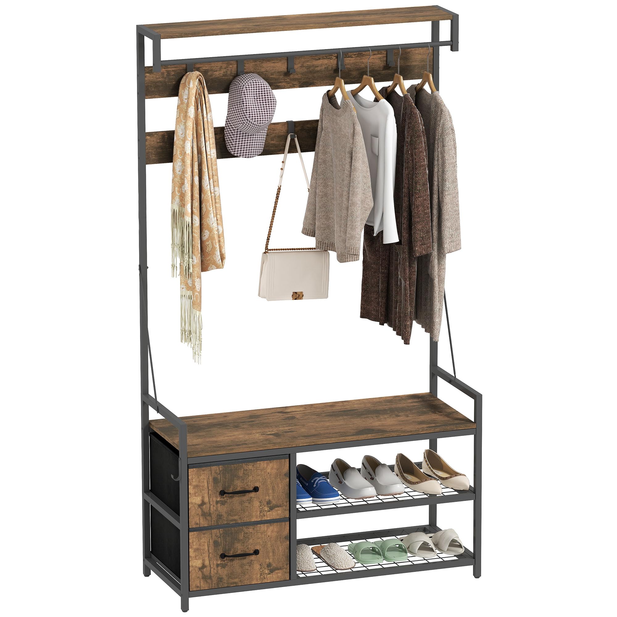 HOMCOM Perchero Zapatero 6 en 1 2 Cajones 100x40x180 cm Marrón Rústico | Perchero Entrada Recibidor, Zapatero Doble, 10 Ganchos Ajustables, Barra Colgante, Estilo Industrial, para Pasillo