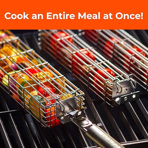 Miniatura 6 de Juego de cestas grandes para asar  3 cestas de acero inoxidable con mango extraíble y esponja de fregador  Accesorio de parrilla resistente para