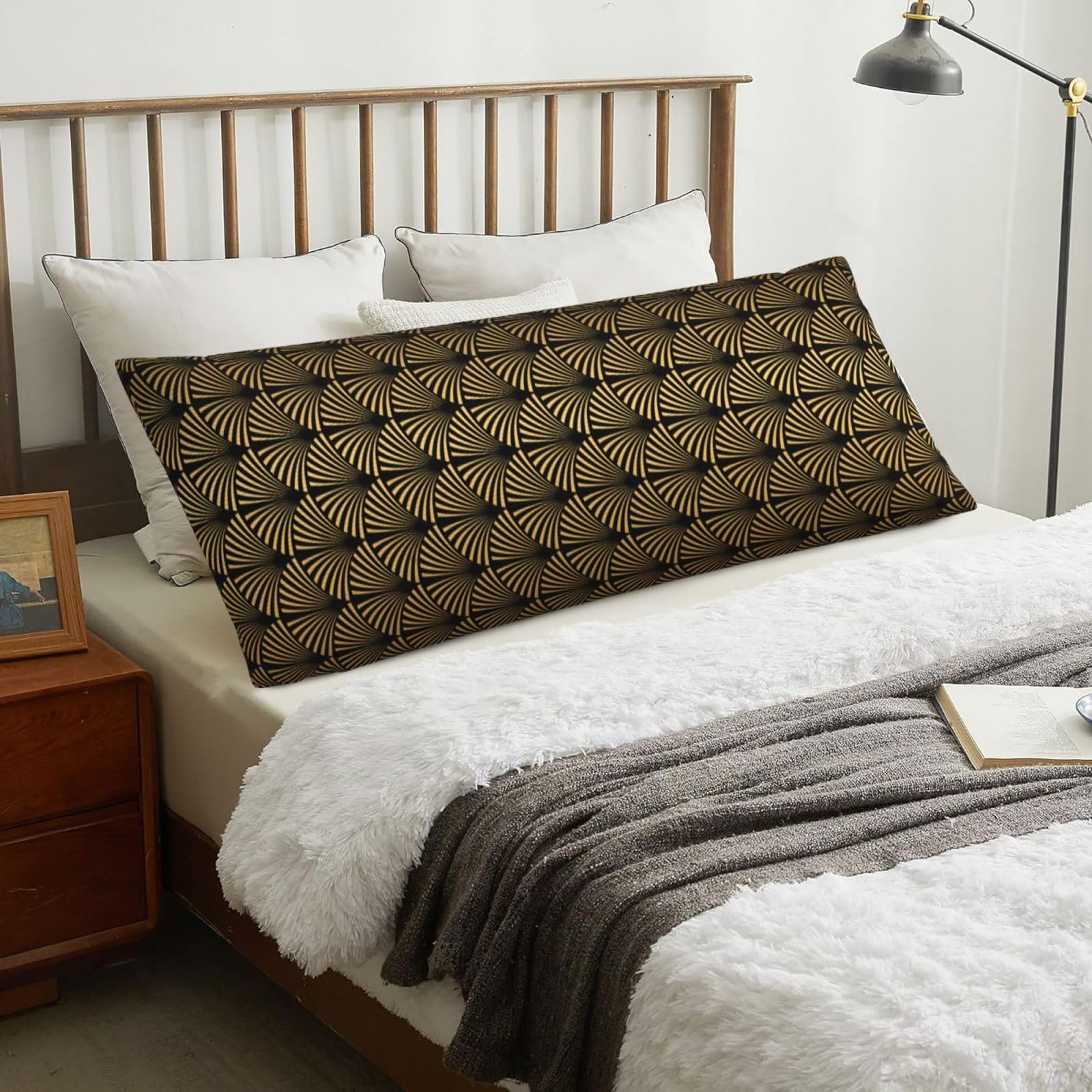 Art Deco Pattern Seamless Black Gold, Body Pillow Cover with Zipper,Long Body Pillowcase 20 x 60 in