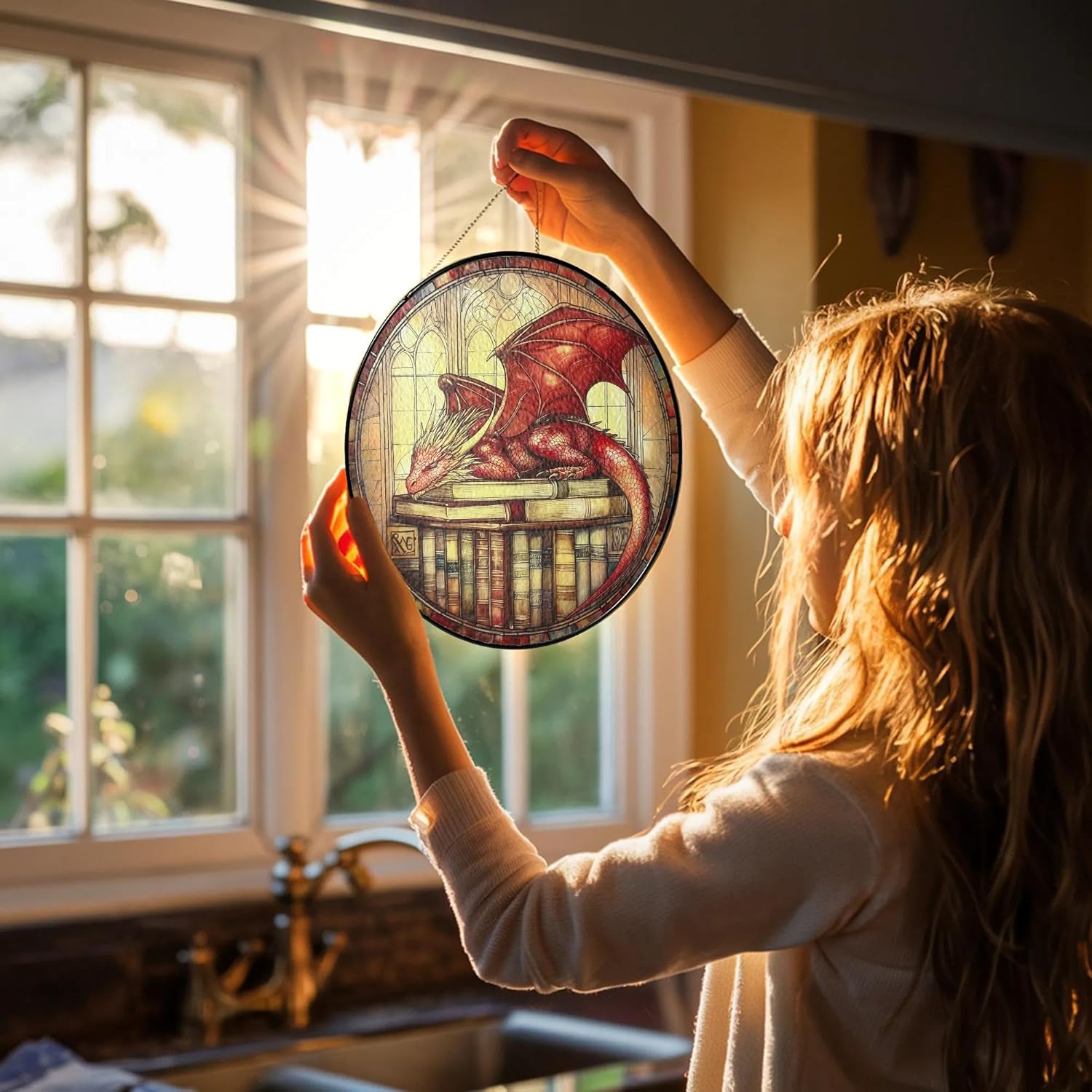 Red Book Dragon Suncatcher for Windows Hanging Stained Glass Decor Fantasy Book Lovers Gifts for Women Girls Men Kid Birthday Christmas Dragon Themed Gifts Indoors & Outdoors Garden Decoration - Image 4