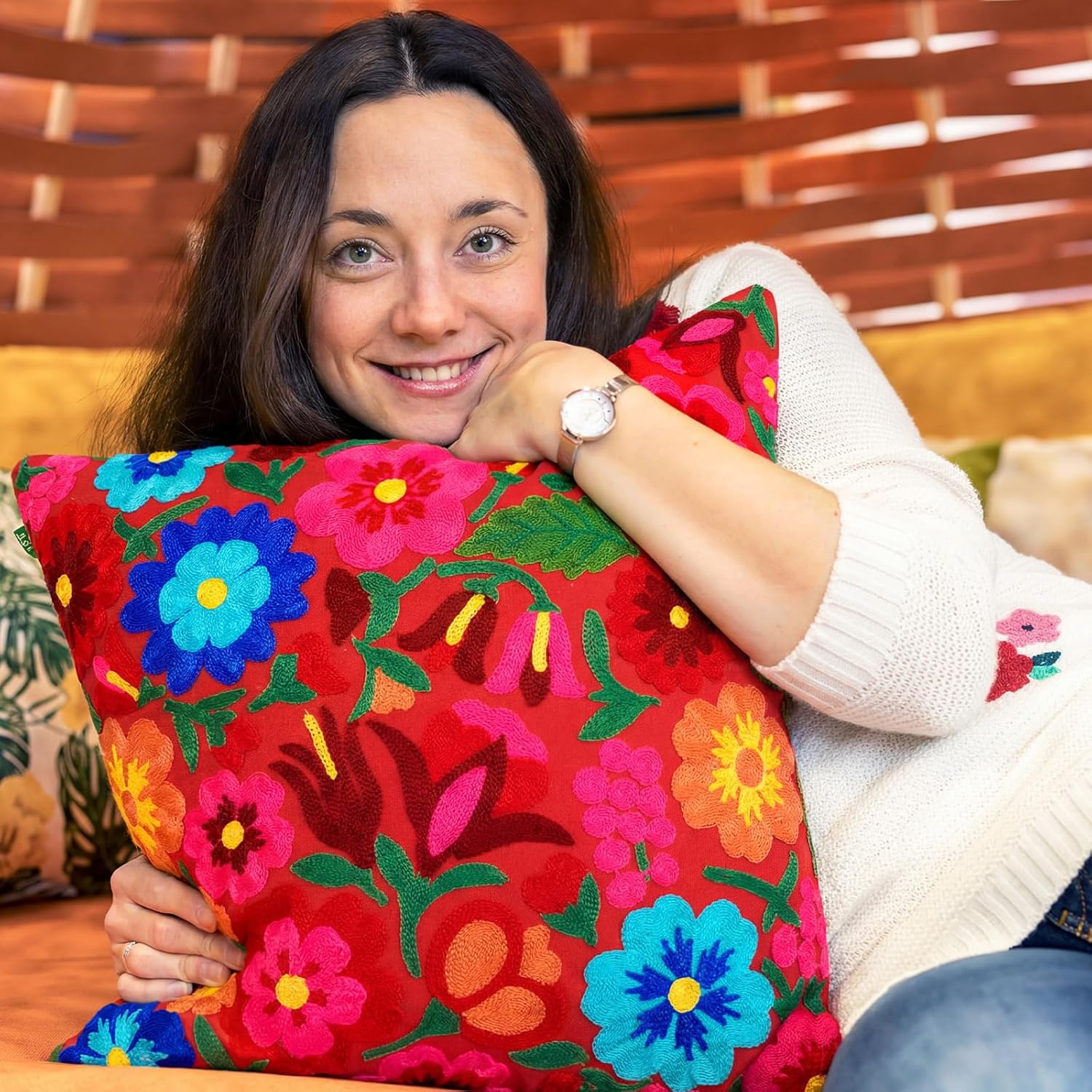 HunnmingRe 2 Pcs Mexican Boho Throw Pillow Covers 18 x 18 Inch Embroidery Colorful Floral Throw Pillows Ethnic Decorative Fiesta Cushion Covers for Bed Couch Sofa Home Decor(White, Red)