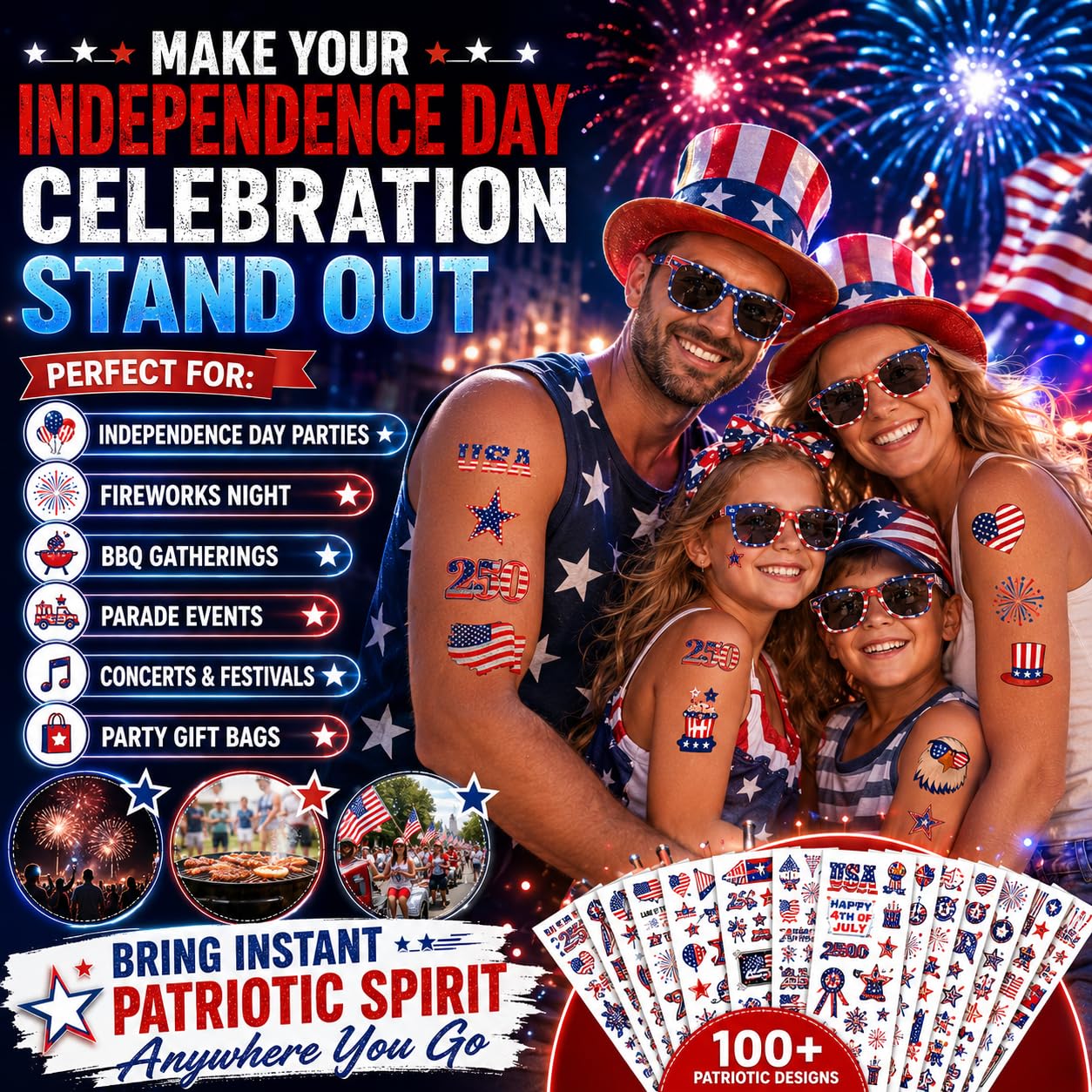 173 PCS 250th Anniversary Temporary Tattoos, 4th of July Independence Day Temporary Tattoos, Fourth of July USA Patriotic Party Favors Accessories, Red White Blue American Celebration Supplies