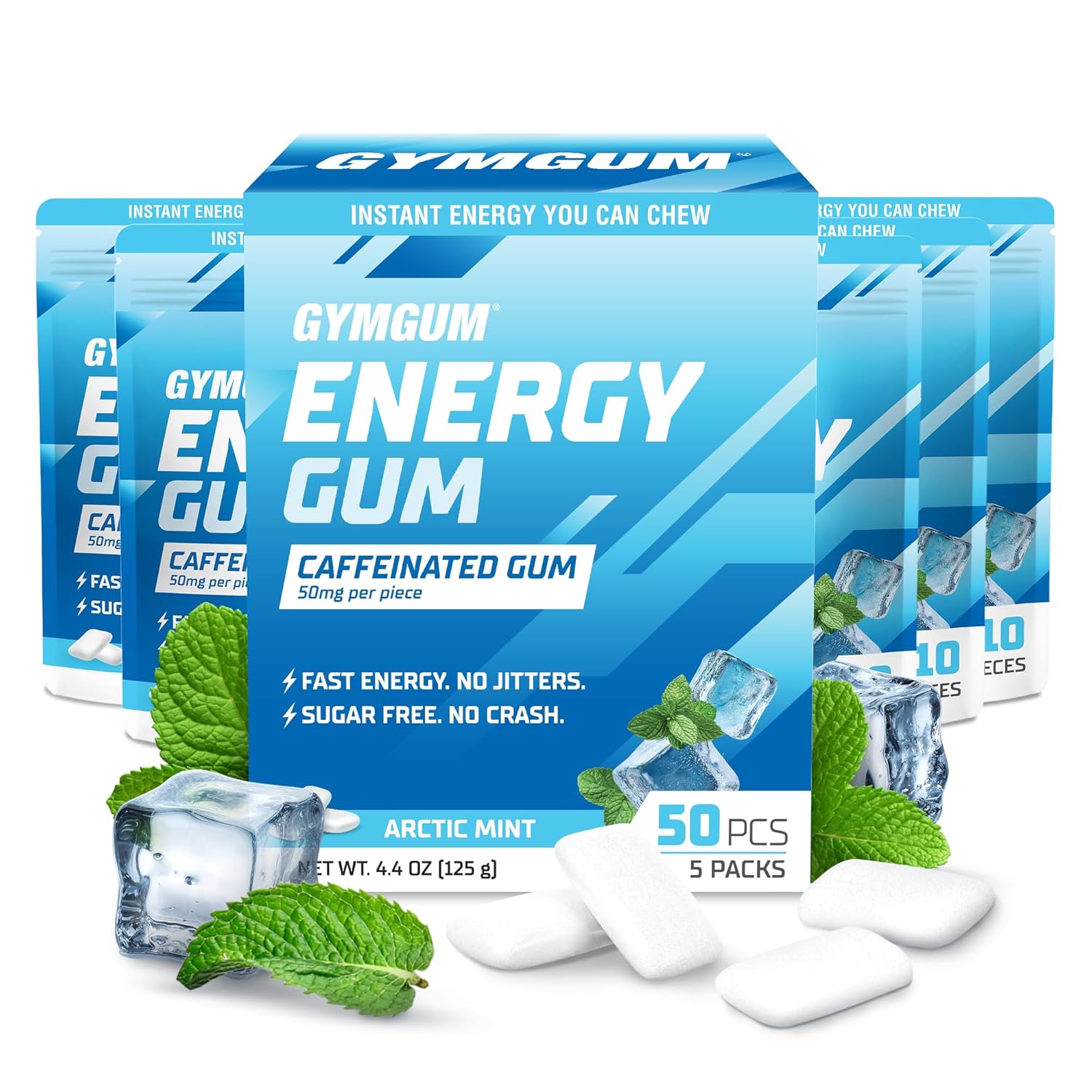 GYMGUM Energy Caffeine Gum | 50mg Caffeine | Sugar-Free, Keto-Friendly | Fast-Acting Energy & Focus Gum with Guarana & L-Theanine (10 Count (Pack of 5), Arctic Mint)