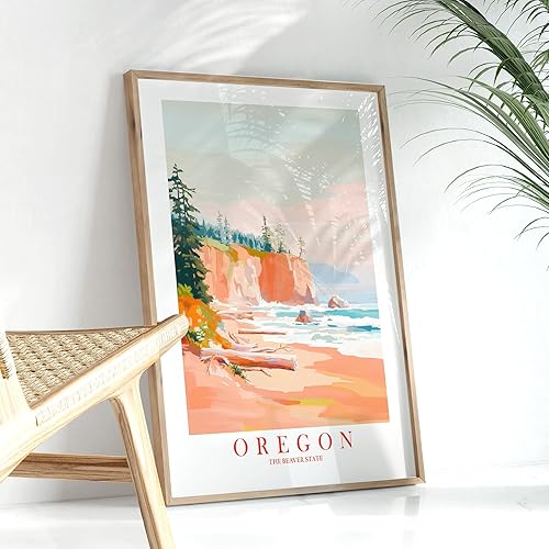 Miniatura 5 de ColorAndFlair Oregon Travel Print Coastal Ocean Pink Orange Wall Art Retro Poster Beaver State Souvenir Beach Painting (11x14 inches)