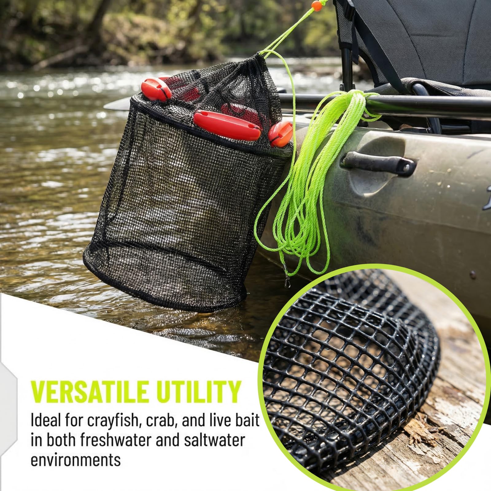 ZENFUN Grand Panier à Poisson Flottant Pliable pour Poissons Vivants capturés, Cage à appâts Pliable en Maille de 40,6 x 38,1 cm, piège à appâts de pêche, piège à appâts de pêche, Seau de pêche avec