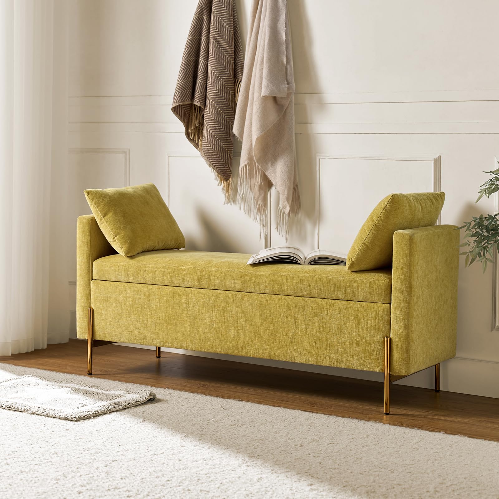 HULALA HOME Modern Storage Bench Ottoman with Arms & Metal Legs, Chenille Fabric and Upholstered Cushioned Adjustable Subdivided Box for Entryway Bedroom Living Room, MUSTARD