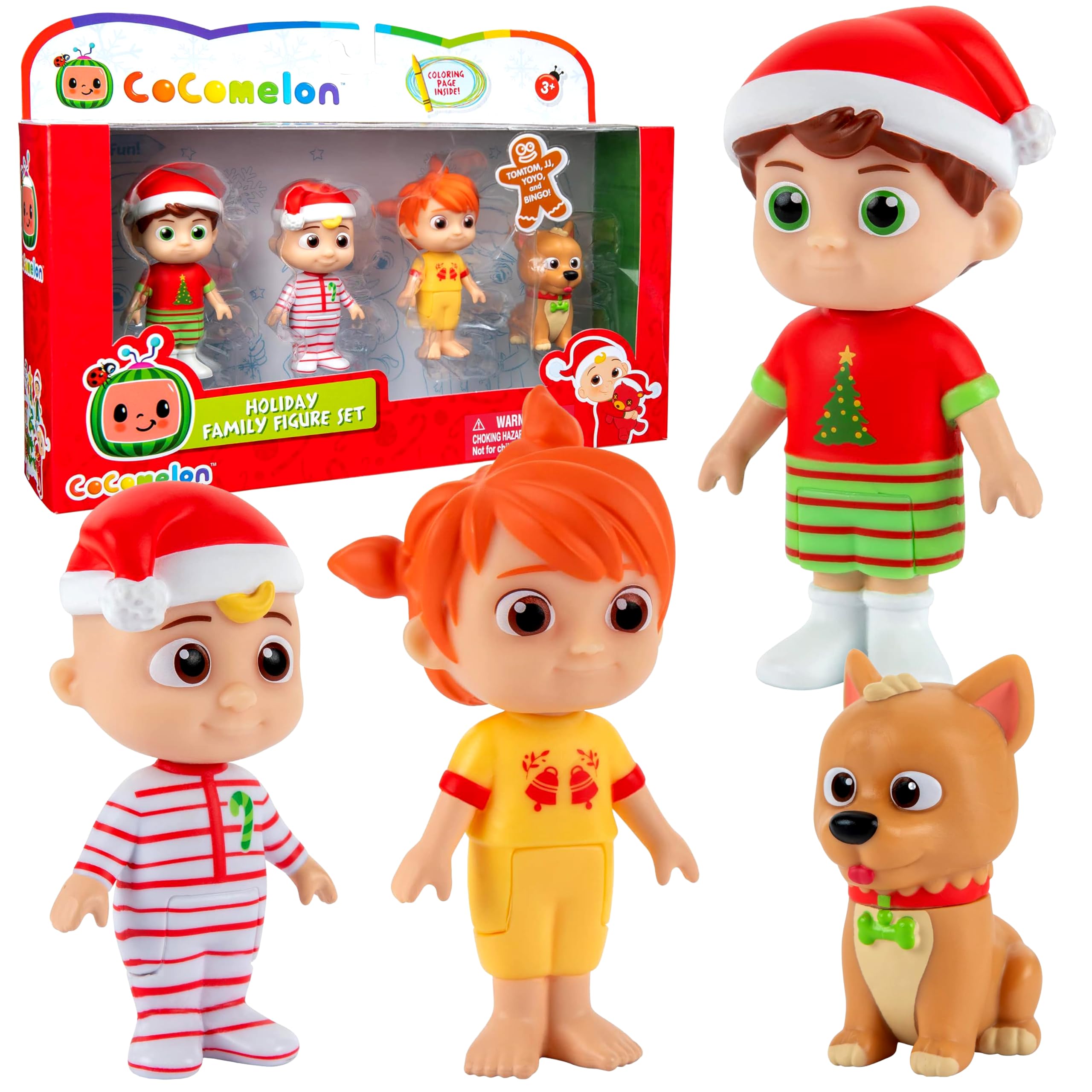 CoComelon 3 Inch Christmas Onesie Figure 4 Pack - Includes JJ, Tomtom, YoYo & Bingo - Festive Holiday Character Playset for Toddlers & Preschoolers - Gift for Kids, Boys & Girls Ages 3+