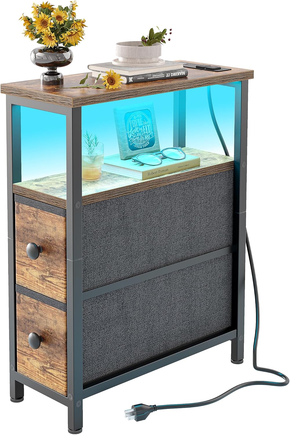 TIQLAB End Table with Charging Station, Narrow Side Table with 2 Fabric Drawers, Nightstand with LED Light, Slim Bedside Table for Bedroom, Living Room, Small Spaces, Brown