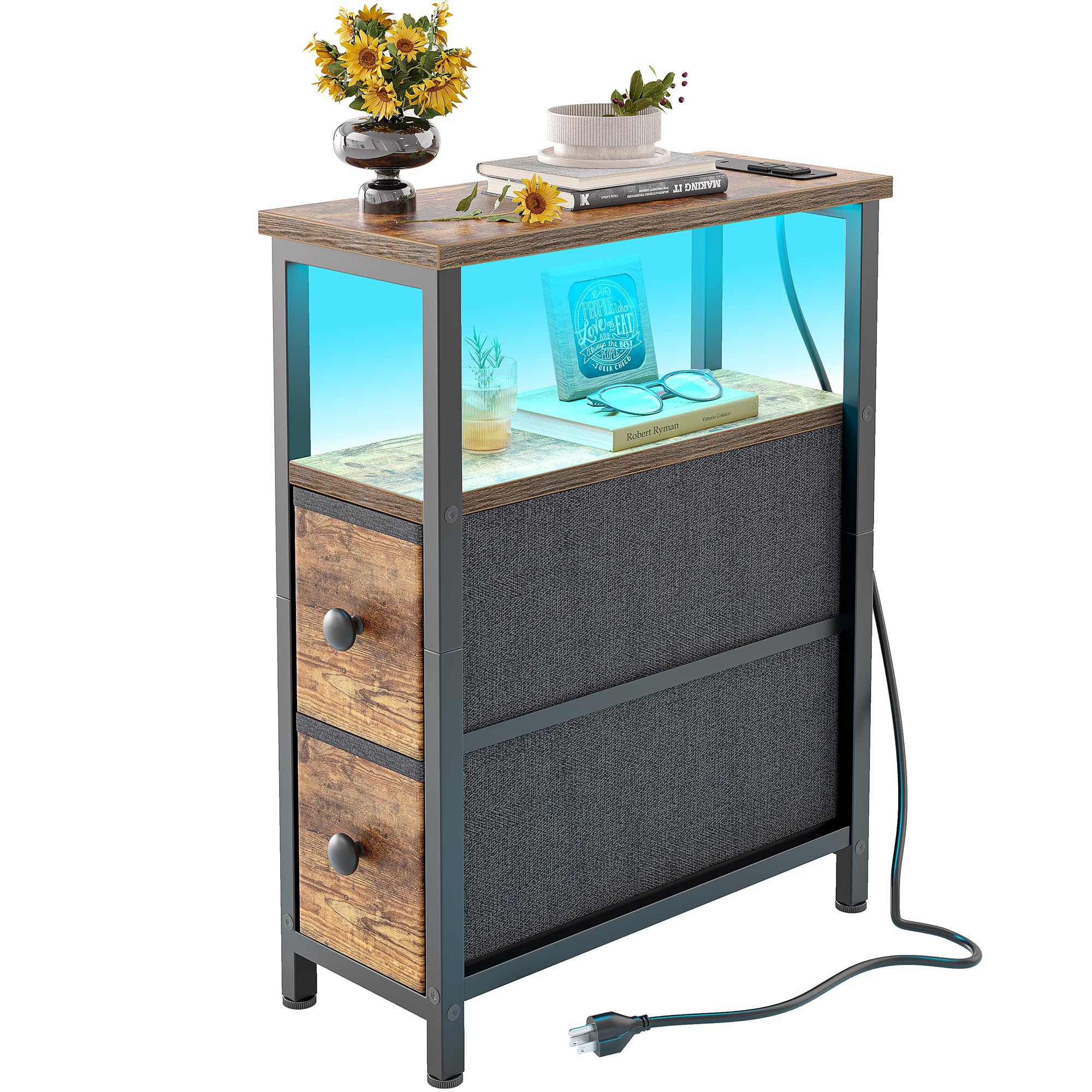 TIQLAB End Table with Charging Station, Narrow Side Table with 2 Fabric Drawers, Nightstand with LED Light, Slim Bedside Table for Bedroom, Living