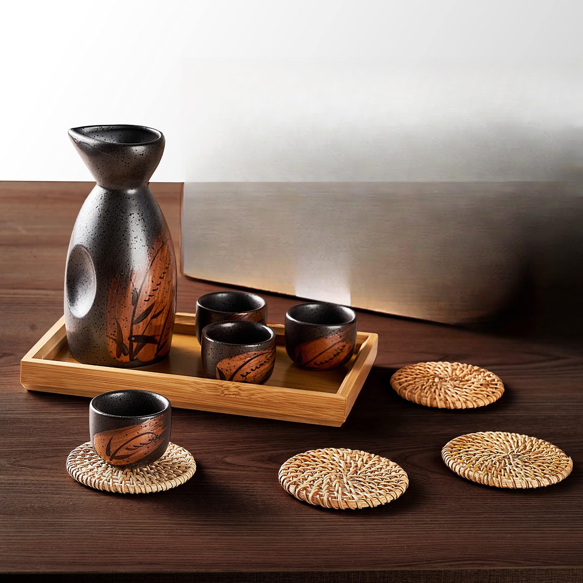 THE WHITE SHOP 10 Pcs Traditional Sake Set with Tray, Soju Glass, Black Sake Cups, Saki Cup Set, Gifts Set