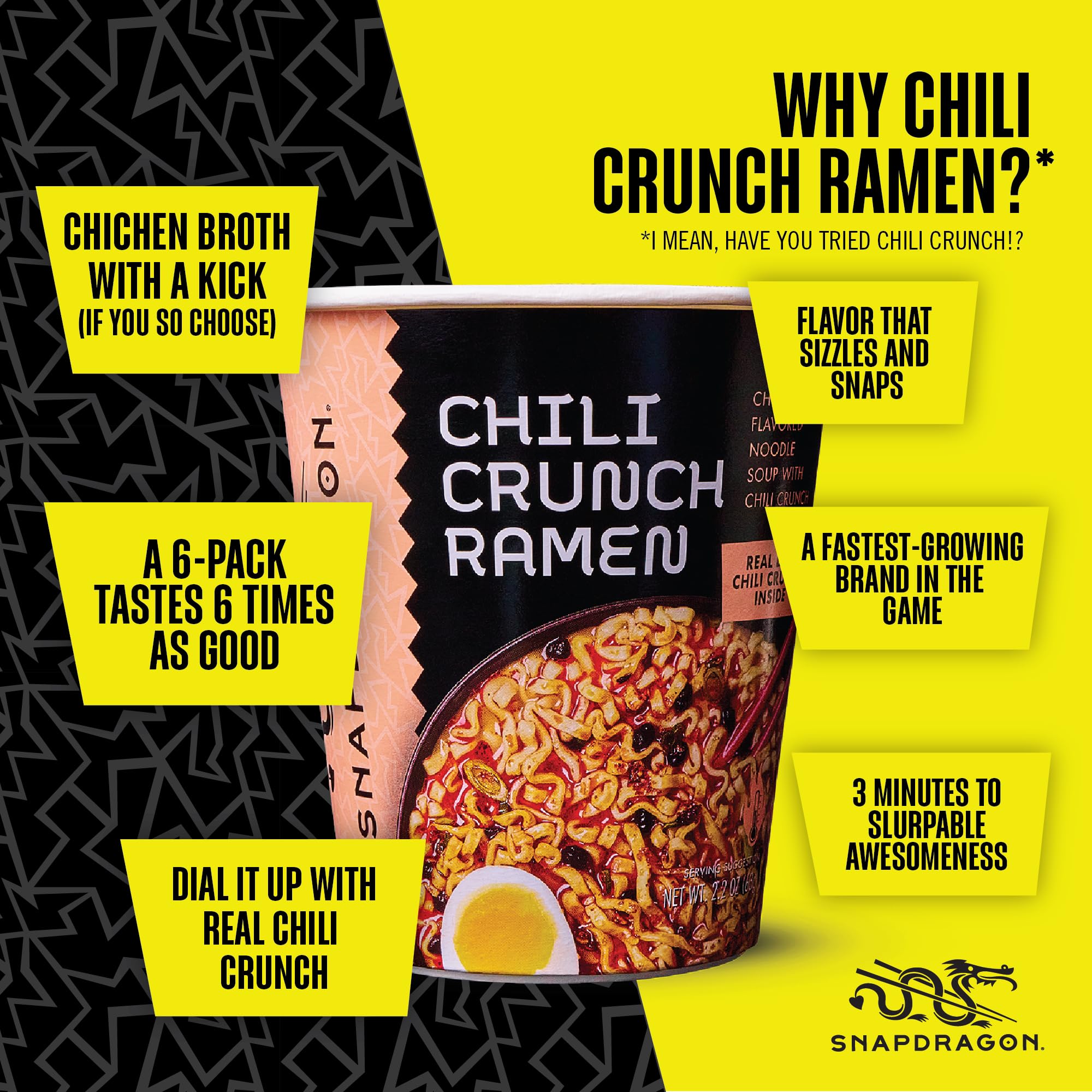 Snapdragon Chili Crunch Ramen Cup Noodles - 6 Pack Instant Ramen Bowl with Authentic Wheat Noodles, Soup Sauce Base, Vege Pack and Chili Crunch Oil. Microwave or Hot Water, Easy Meal Prep