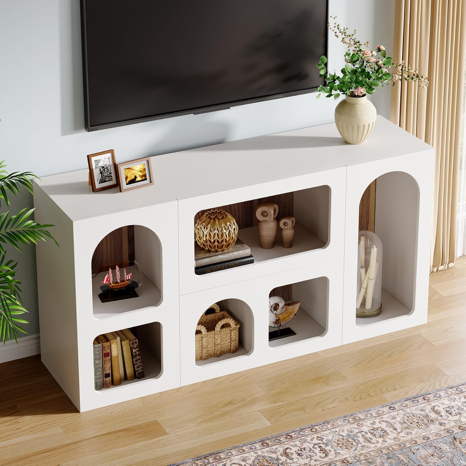 Tribesigns Modern TV Stand, 59" Long Entertainment Center for TVs Up to 65", Wood TV Console Table with Open Storage Shelves, Arched Floor Standing Media Console for Living Room, Bedroom, White