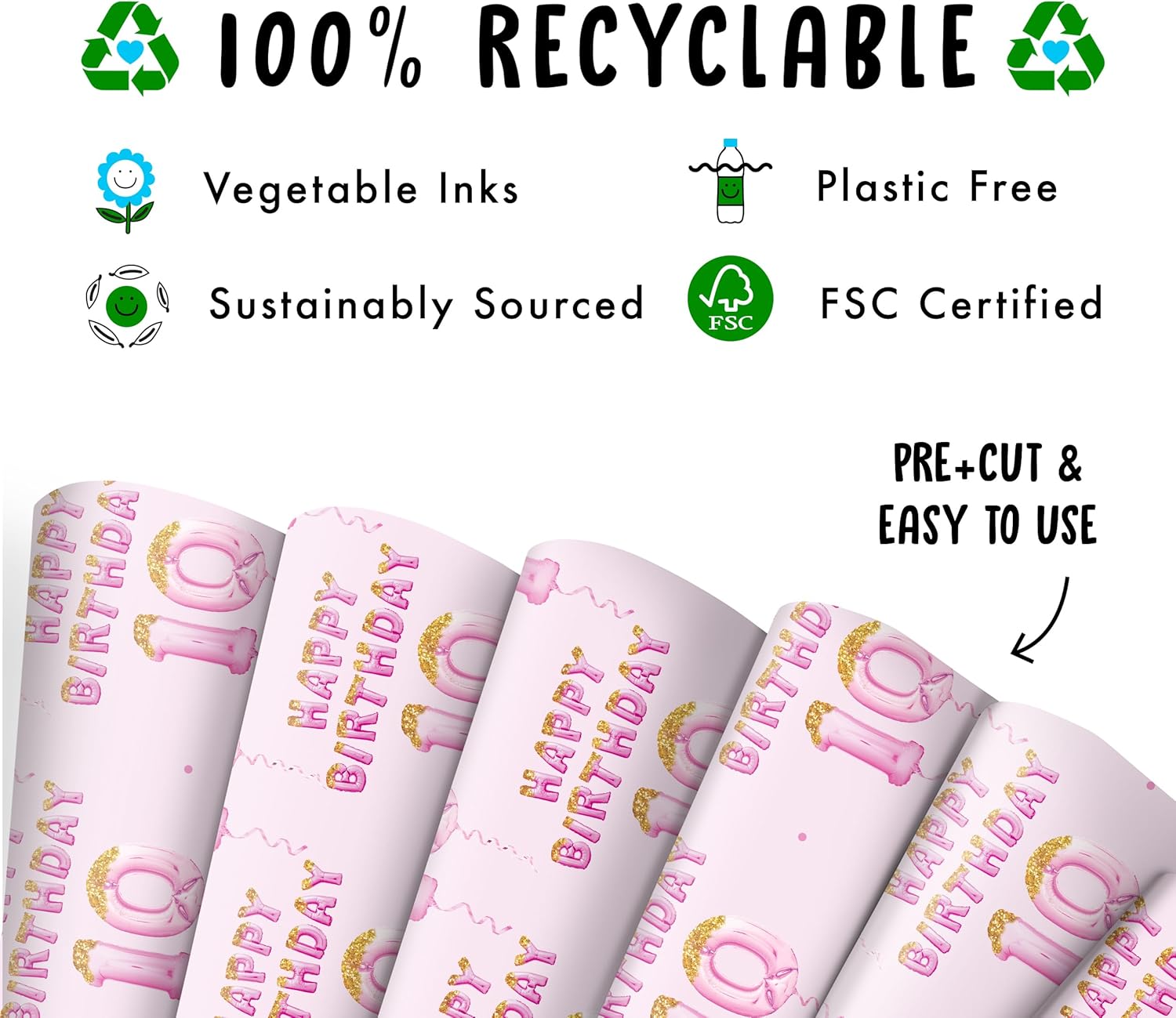 CENTRAL 23 Happy Birthday Wrapping Paper - 10 Year Old - 6 Sheets Pink Wrapping Paper - Girls Birthday Wrapping Paper - 10th Birthday - Comes With Stickers - Recyclable - Image 3