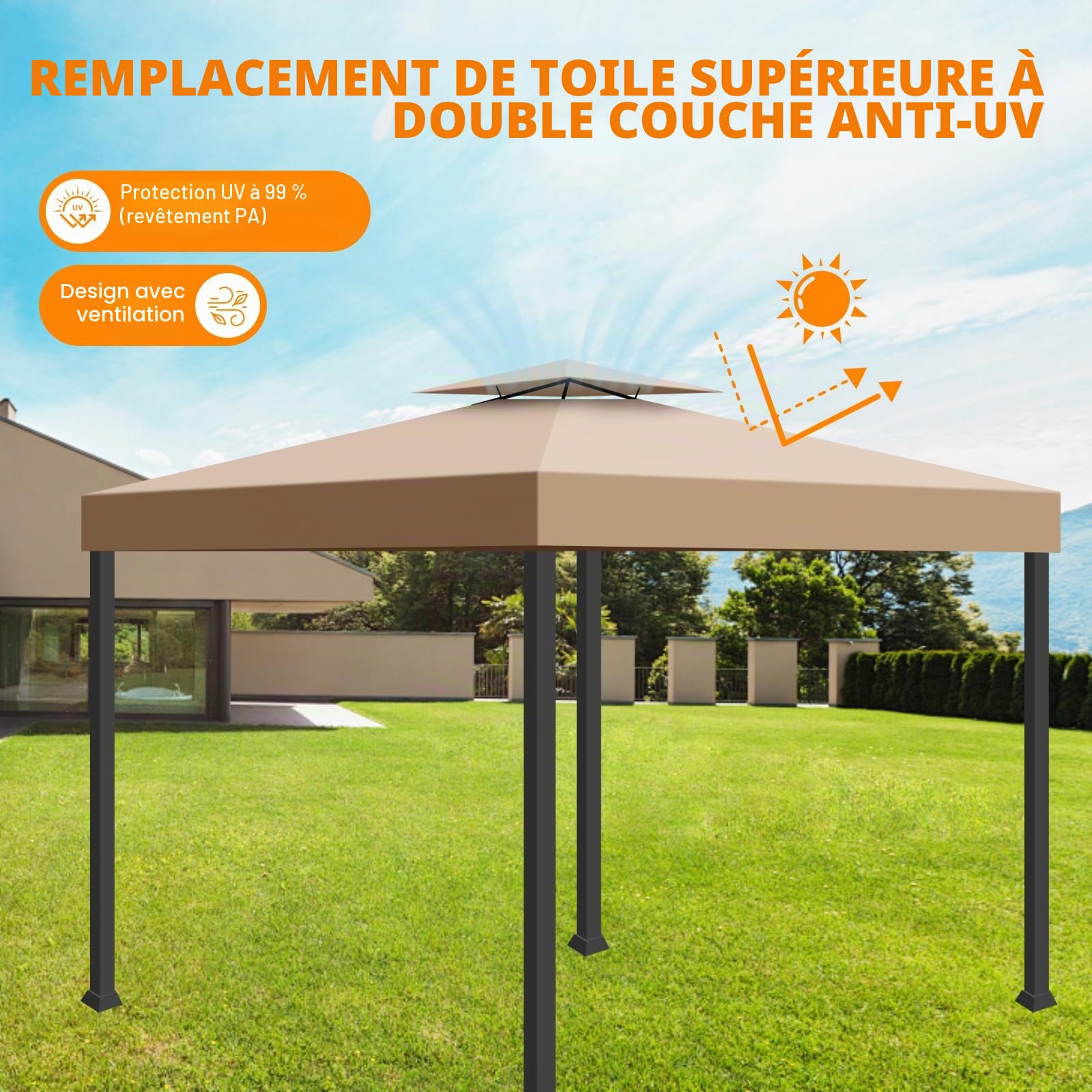 Toit de Remplacement pour Tonnelle 3x3m Imperméable et Protection Solaire, Double Ventilation Toile Rechange Tonnelle pour Jardin, Camping et Terrasse (Kaki)