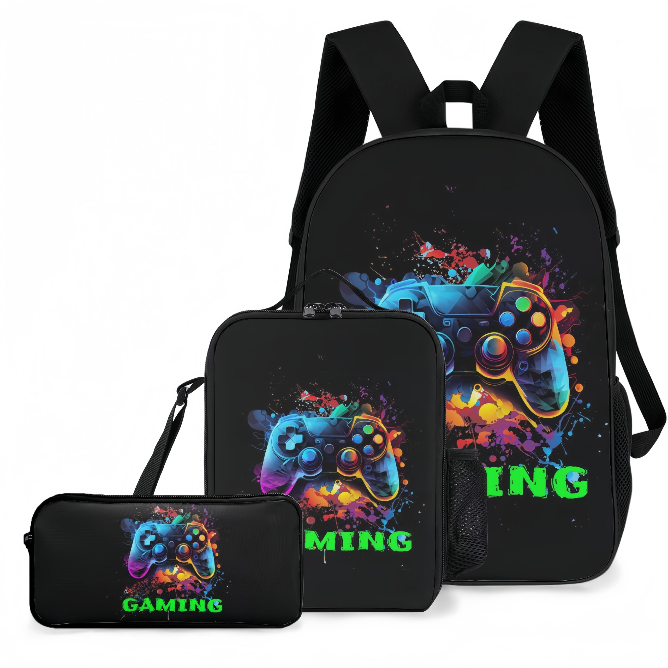 NELAGTR 3-Pcs Backpack School Bag Set For Boys And Girls Travel Study Backpack And Lunch Box And Pencil Bag (Game Backpack)