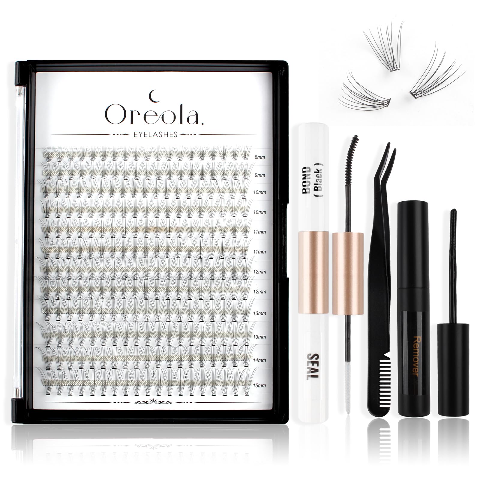 Oreola Kit de extensión de pestañas 228 pestañas individuales con unión y sello natural 0.07C 10D 8-15mm, aplicador de pestañas, removedor de pegamento para pestañas, Wispy Natural Look Lash Cluster