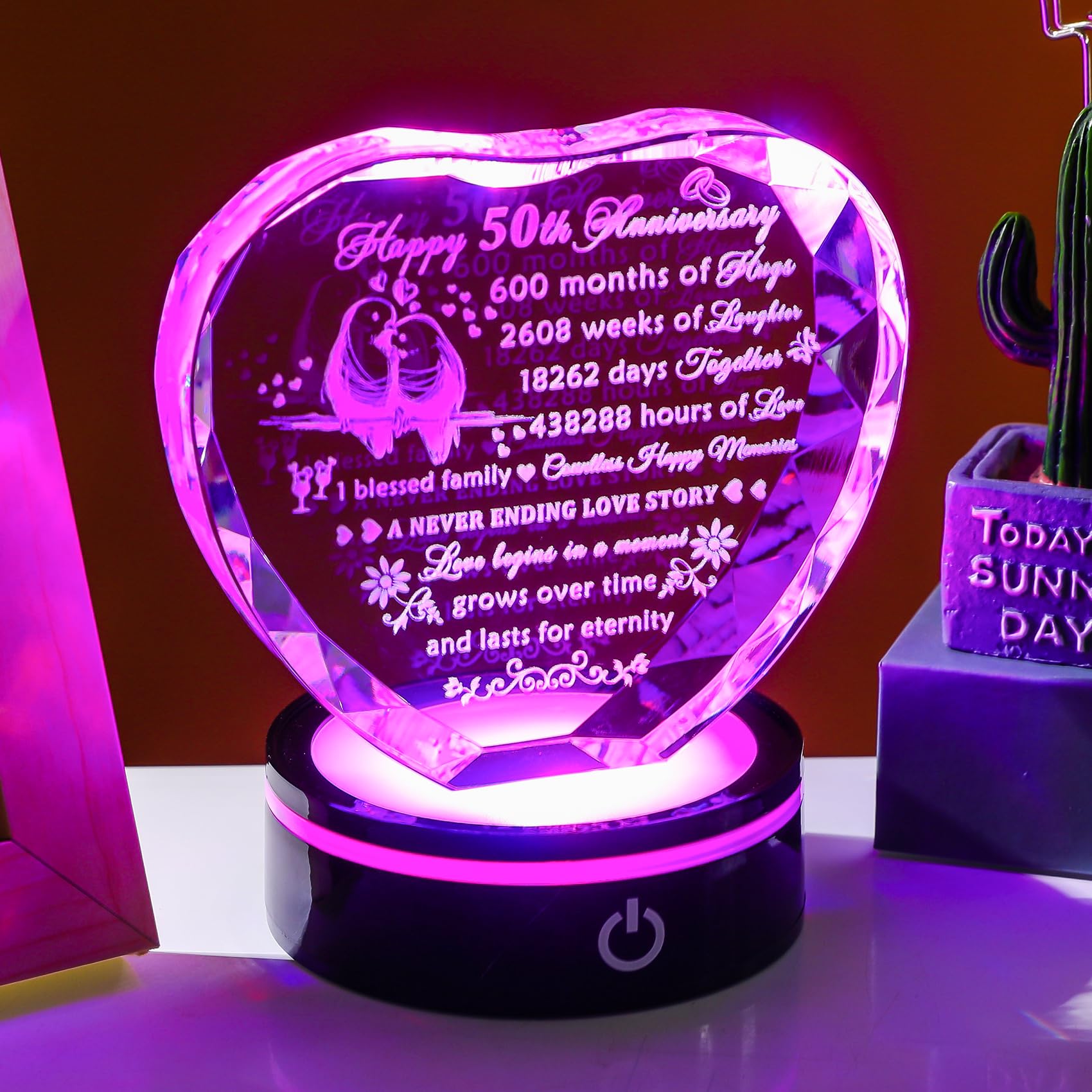YWHL 50th Wedding Anniversary Crystal Heart Gifts for Parents Couple, Laser Engraved Romantic 50 Year Anniversary Crystal Keepsake Gifts for Wife Husband, 50 Years of Marriage Gift for Her Him