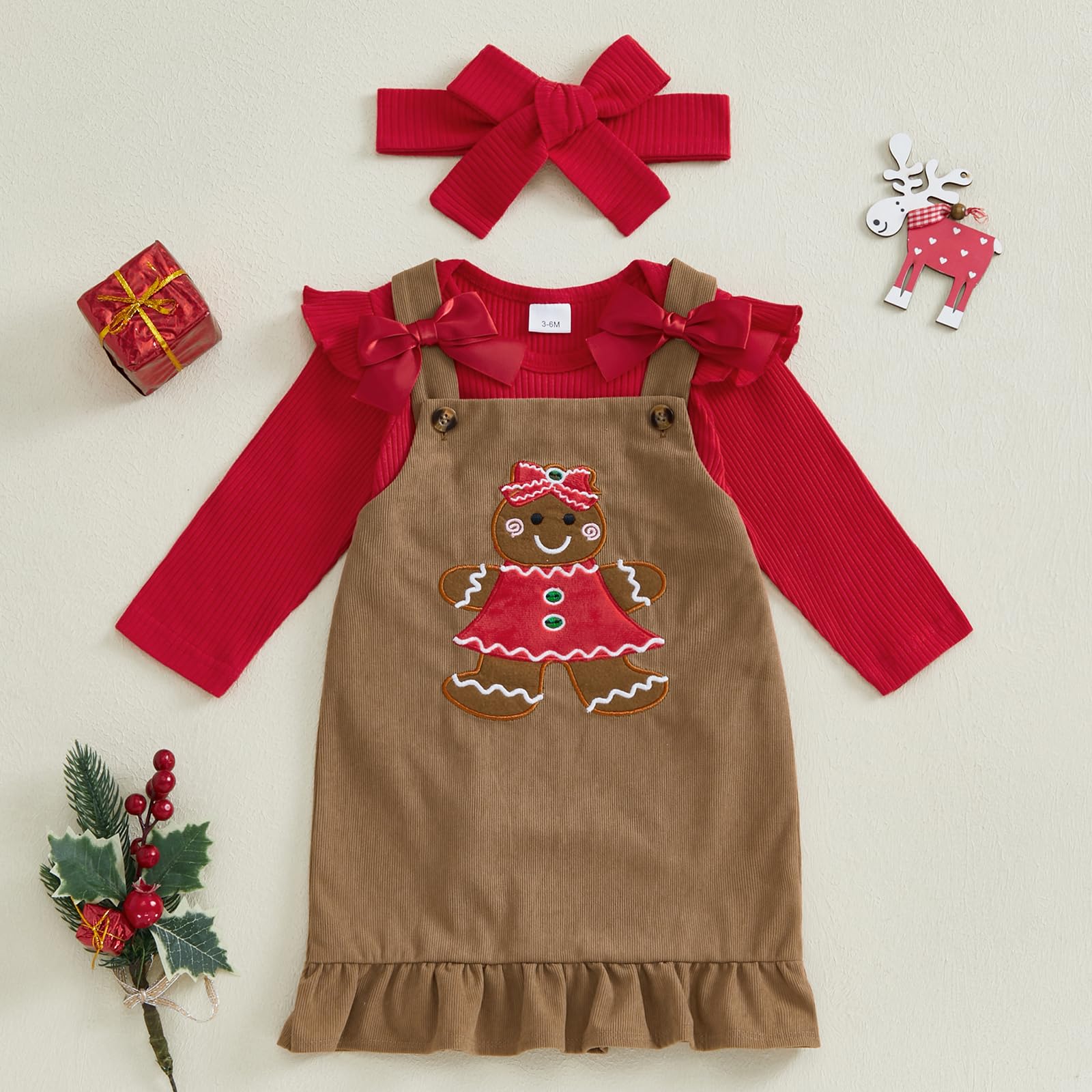 Newborn Baby Girl Christmas Outfit Long Sleeve Gingerbread Pattern Ruffle Romper Suspender Skirt Set with Headband (Khaki, 12-18 Months)