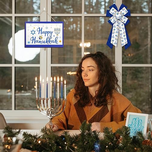 Miniatura 9 de 2 lazos de Hanukkah para corona, lazos de corona de Happy Hanukkah, lazos de arpillera azules, adornos para festivales judíos, lazos de artesanía de