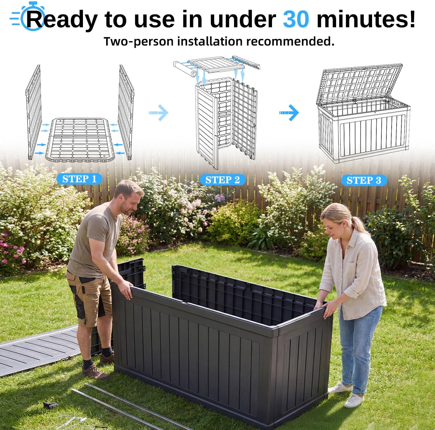 320 Gallon Outdoor Storage Deck Box, Waterproof Resin Deck Boxes with Handle & for Lockable Patio Furniture, Garden & Pool Tools -Swimming Pool, UV Resistant, Black (320)