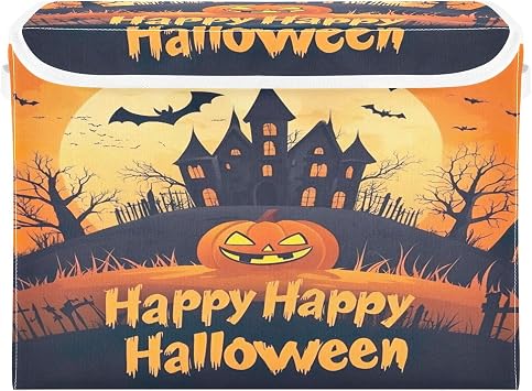 ATTX Collapsible Storage Bins with Lids - Foldable Happy Halloween Pumpkin Storage Baskets for Closet, Bedroom, Office Organization 16.5x12.6x11.8inch #144